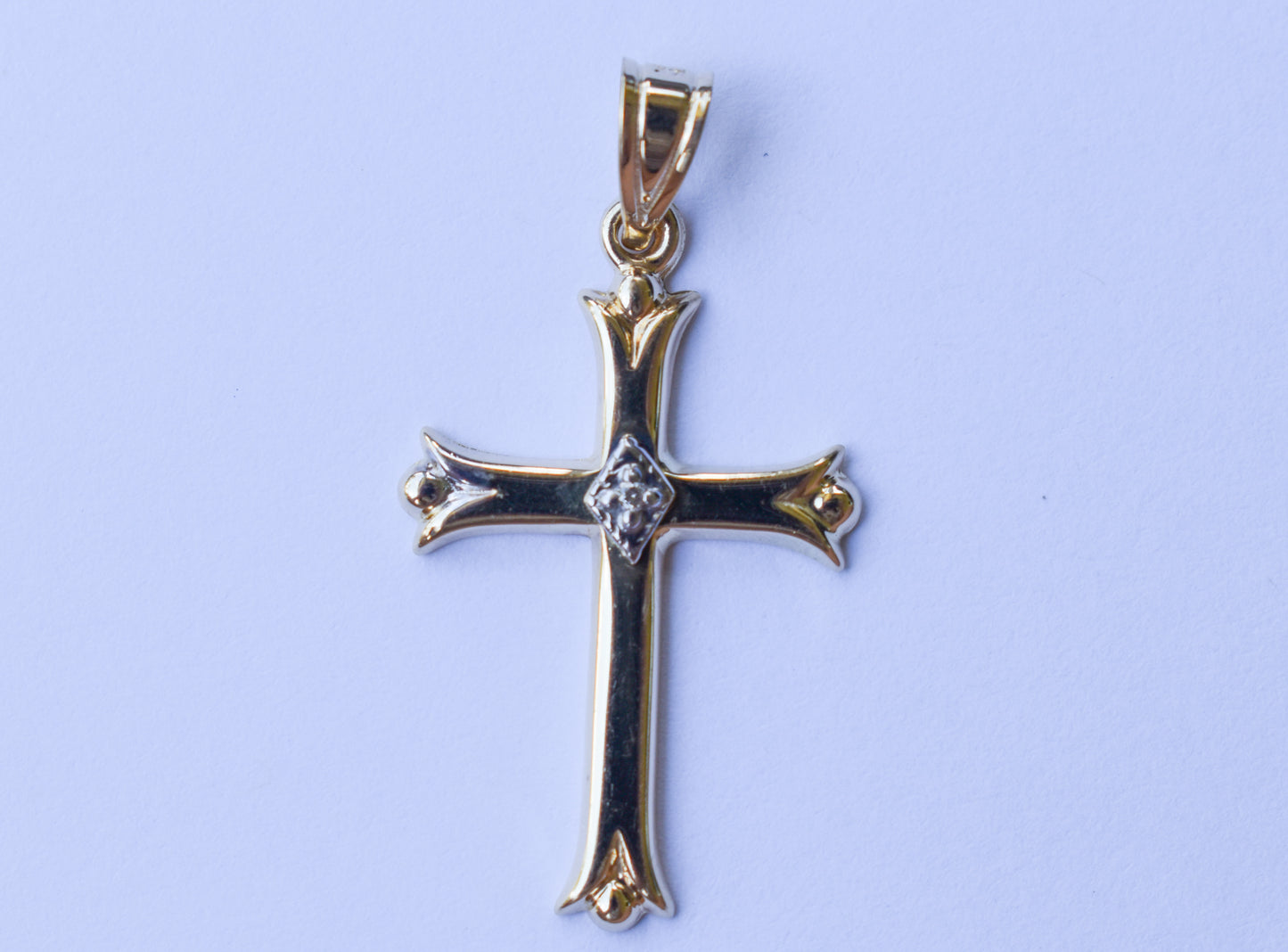 Vintage 14k Yellow Gold Hollow Cross Pendant with Diamond