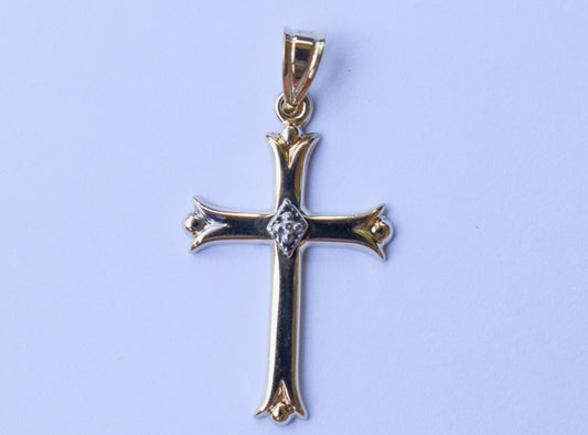 Vintage 14k Yellow Gold Hollow Cross Pendant with Diamond