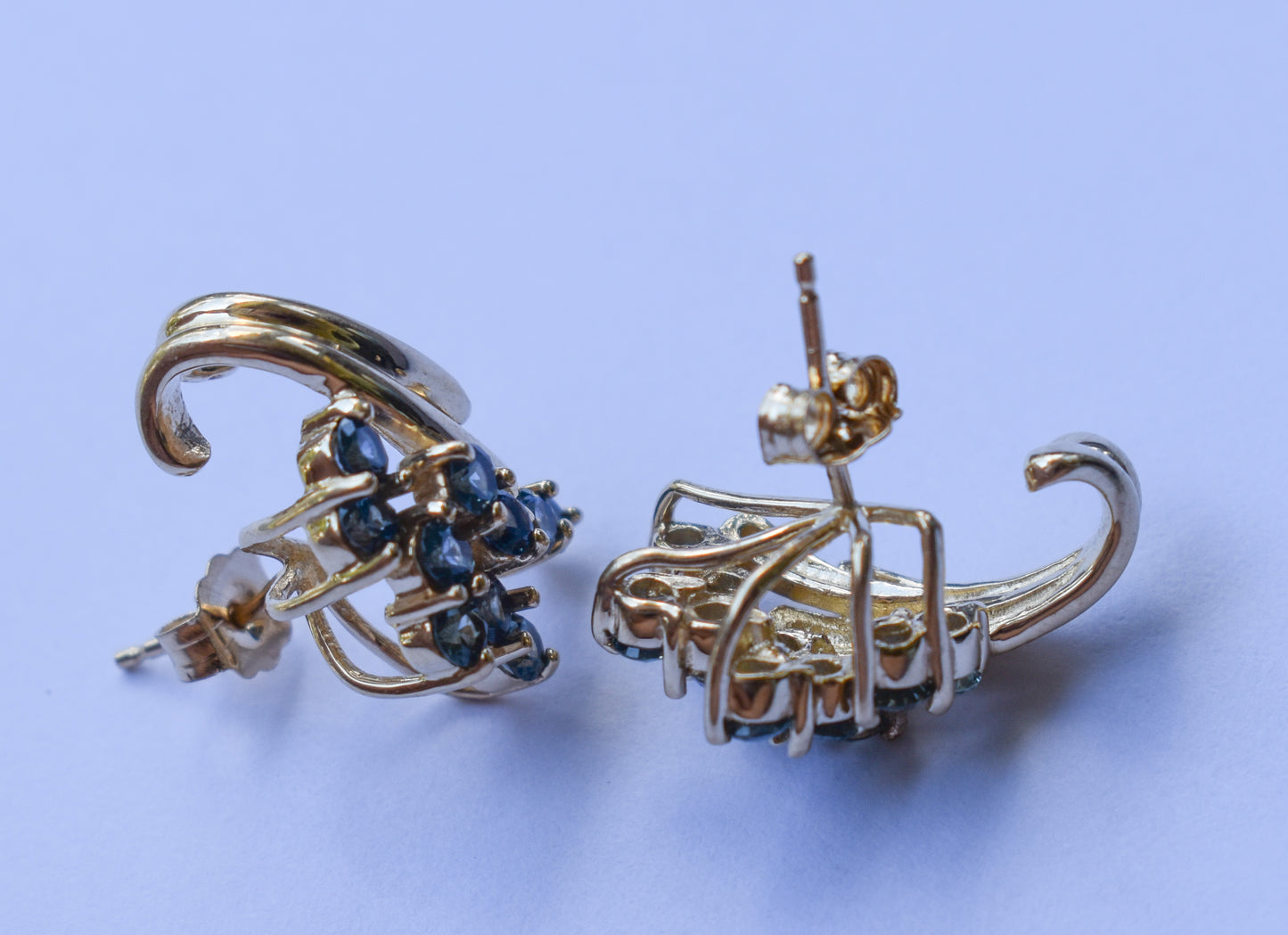 Vintage 14k Yellow Gold Blue Sapphire Cluster Earrings