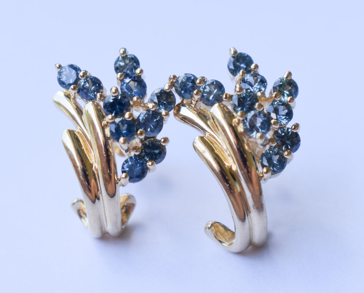 Vintage 14k Yellow Gold Blue Sapphire Cluster Earrings