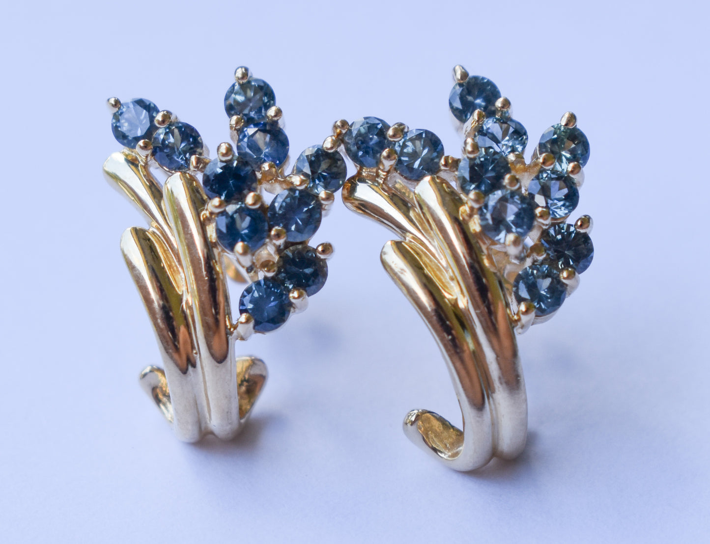 Vintage 14k Yellow Gold Blue Sapphire Cluster Earrings