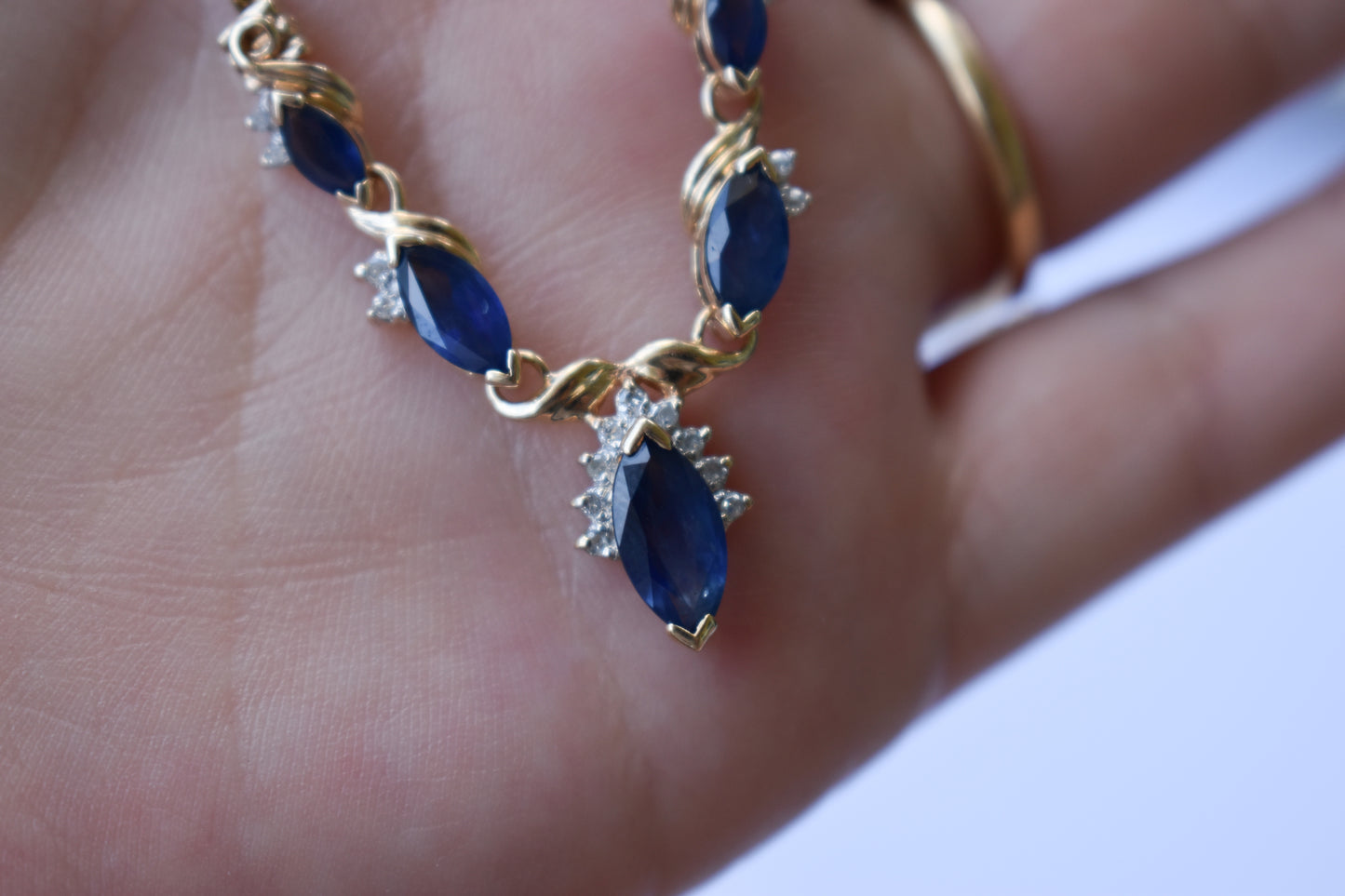 Vintage 14k Yellow Gold Sapphire & Diamond V-Shaped Necklace