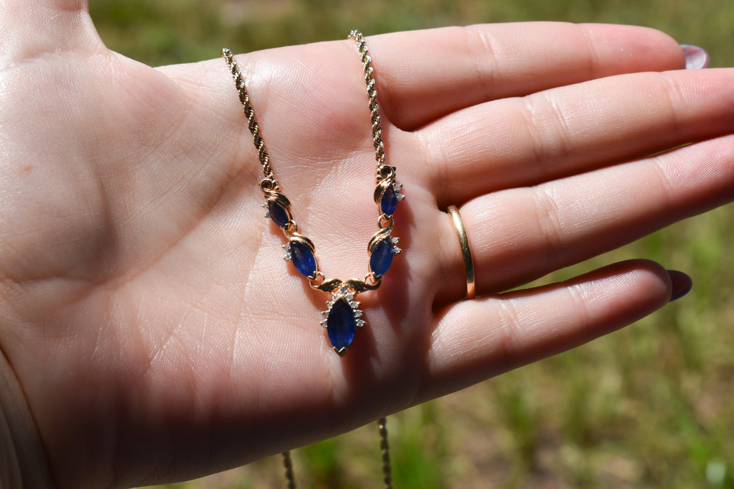 Vintage 14k Yellow Gold Sapphire & Diamond V-Shaped Necklace