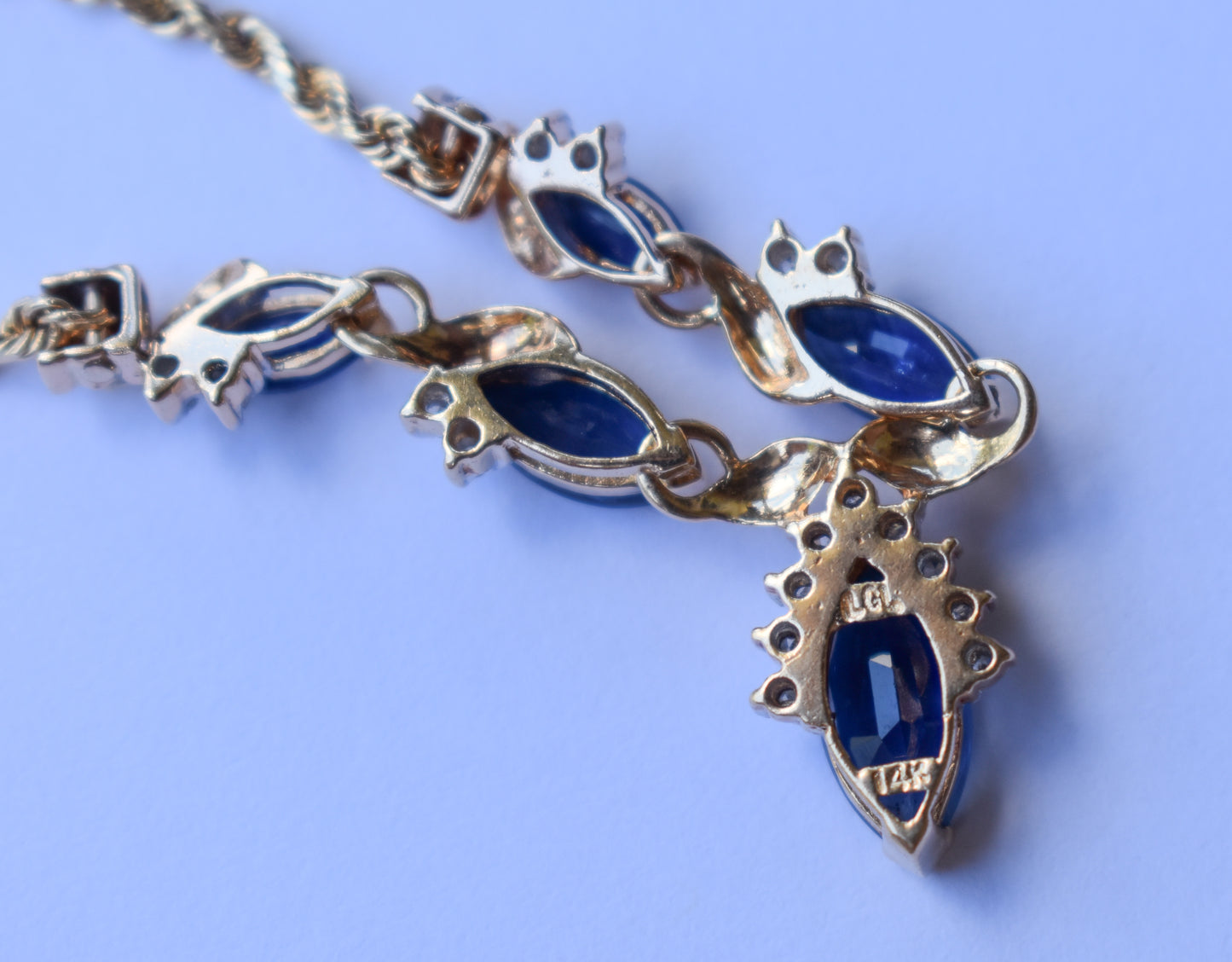 Vintage 14k Yellow Gold Sapphire & Diamond V-Shaped Necklace