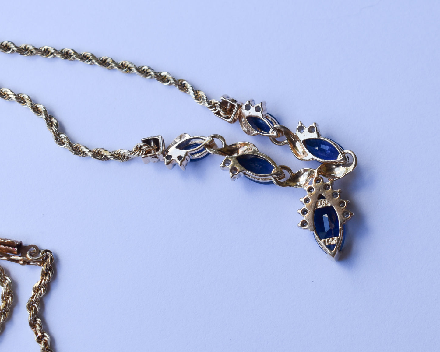 Vintage 14k Yellow Gold Sapphire & Diamond V-Shaped Necklace