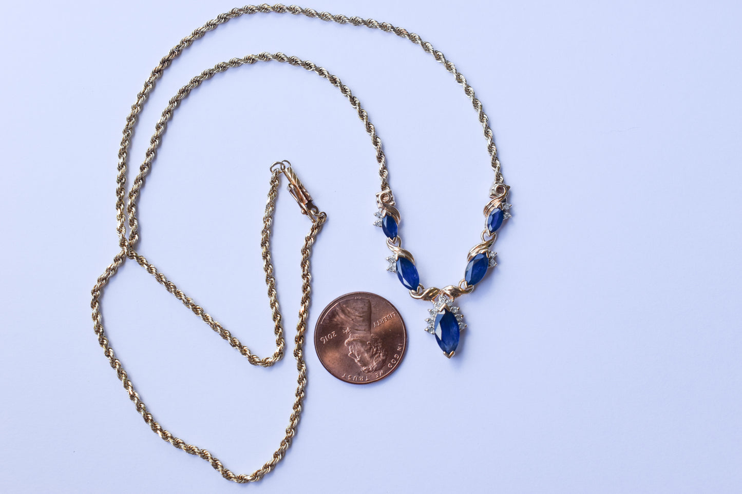 Vintage 14k Yellow Gold Sapphire & Diamond V-Shaped Necklace