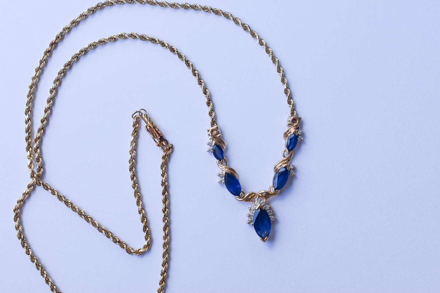 Vintage 14k Yellow Gold Sapphire & Diamond V-Shaped Necklace