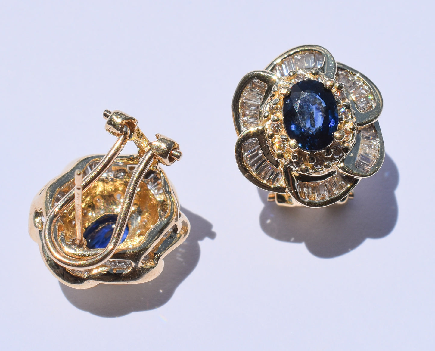 Vintage 14k Yellow Gold Oval Sapphire & Diamond Cluster Omega Earrings