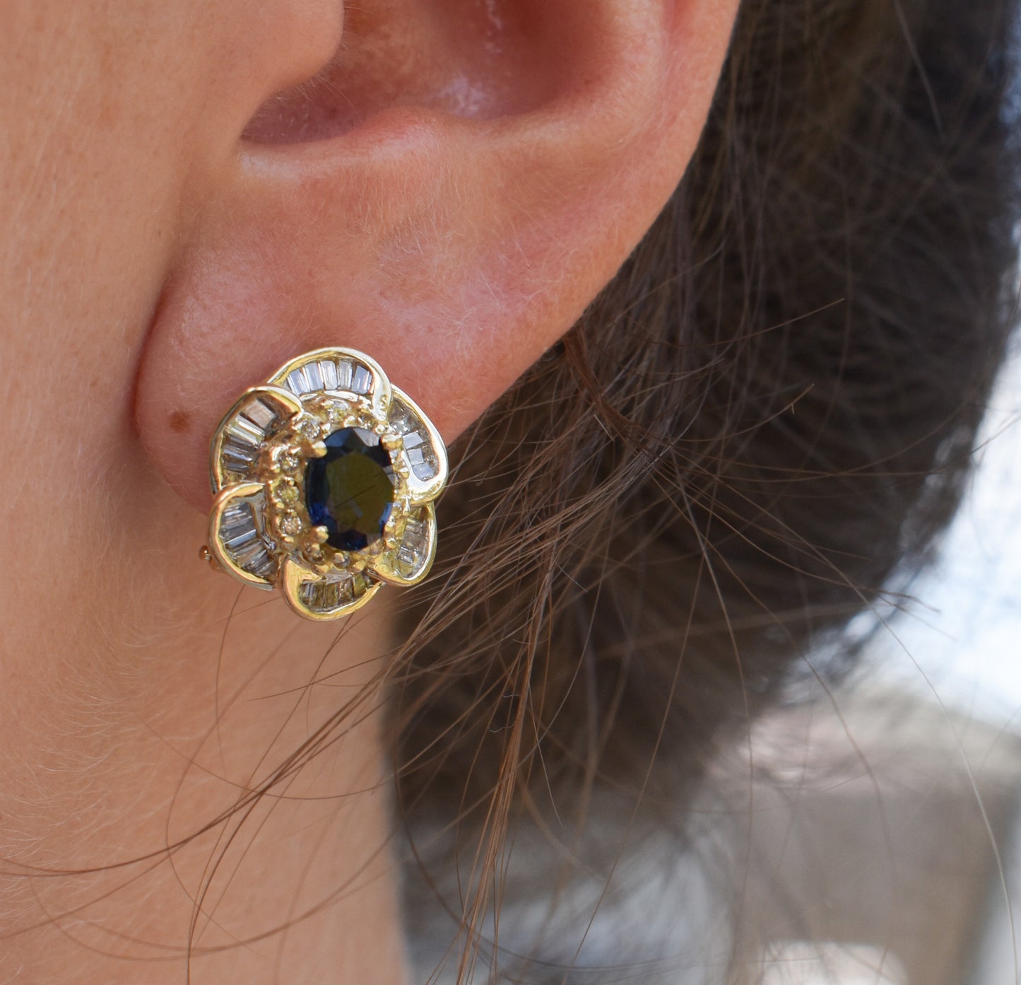 Vintage 14k Yellow Gold Oval Sapphire & Diamond Cluster Omega Earrings