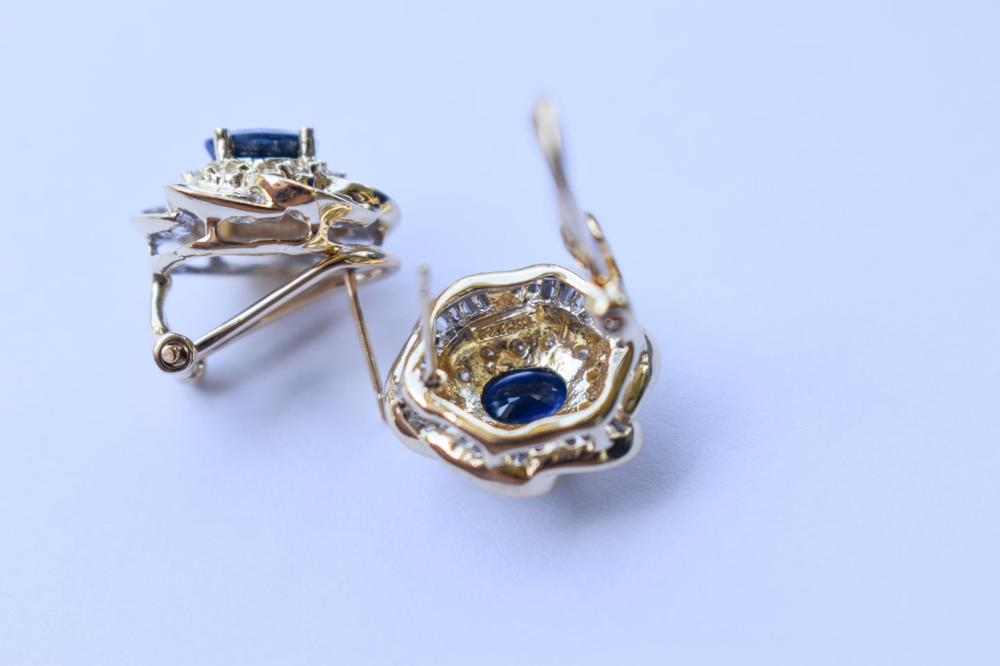 Vintage 14k Yellow Gold Oval Sapphire & Diamond Cluster Omega Earrings