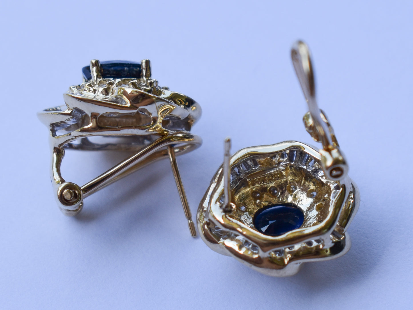 Vintage 14k Yellow Gold Oval Sapphire & Diamond Cluster Omega Earrings