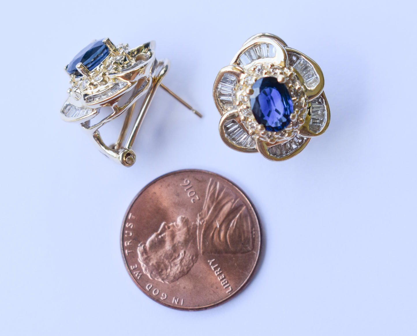 Vintage 14k Yellow Gold Oval Sapphire & Diamond Cluster Omega Earrings