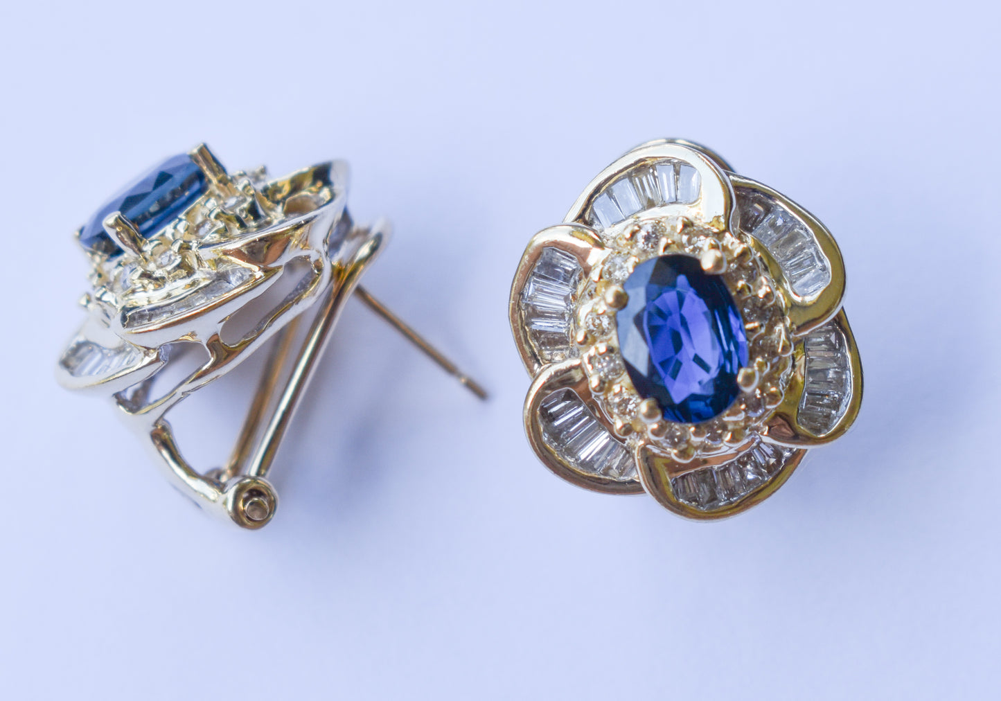 Vintage 14k Yellow Gold Oval Sapphire & Diamond Cluster Omega Earrings