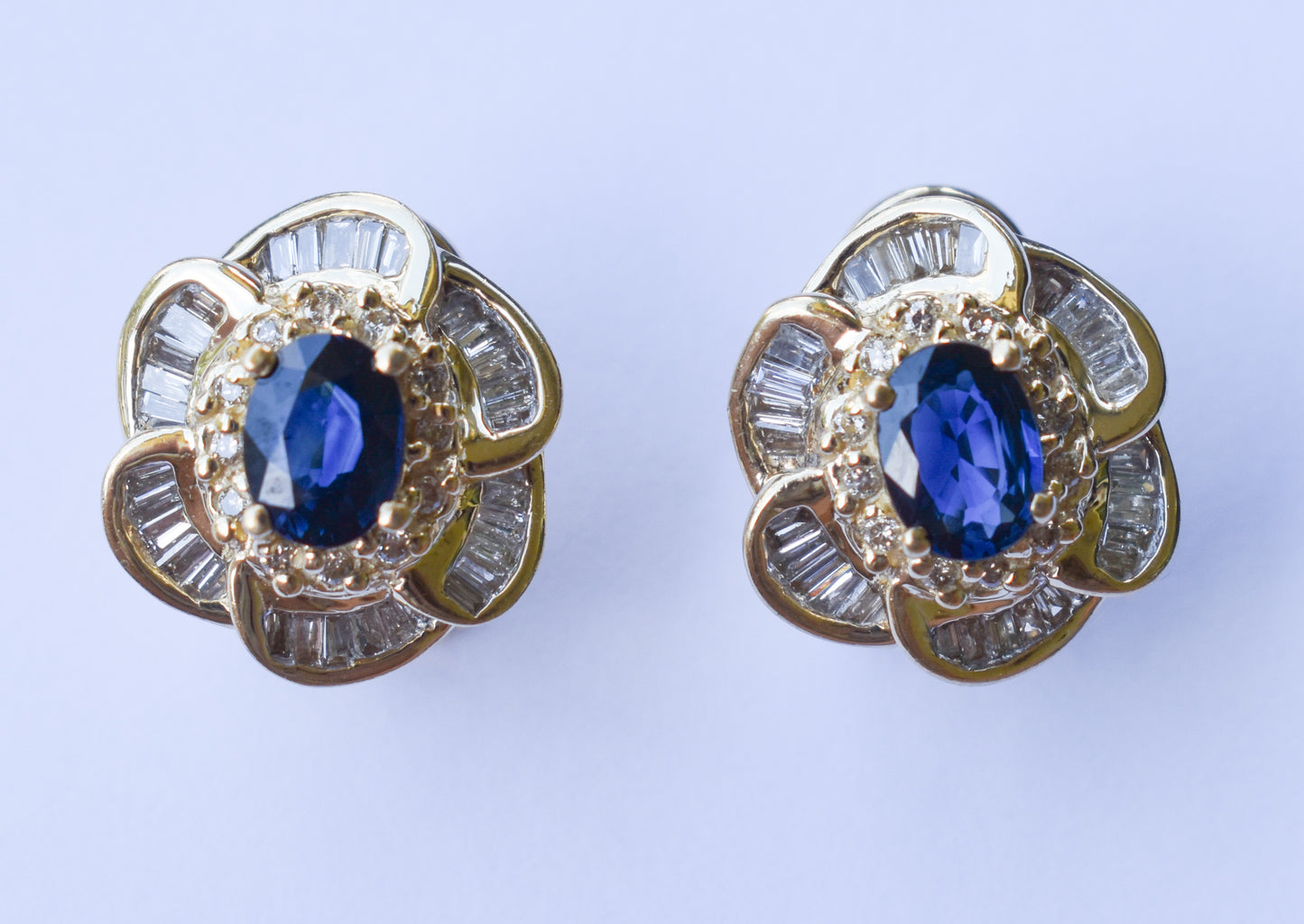 Vintage 14k Yellow Gold Oval Sapphire & Diamond Cluster Omega Earrings