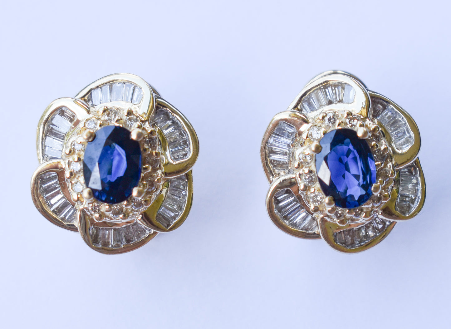 Vintage 14k Yellow Gold Oval Sapphire & Diamond Cluster Omega Earrings