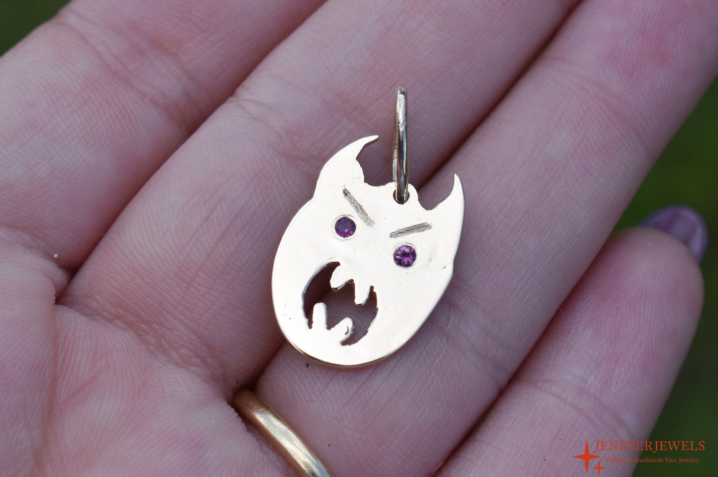 RESERVED - Handmade Solid 14k Yellow Gold Custom Demon Face Ruby-Eye Pendant – JensterJewels