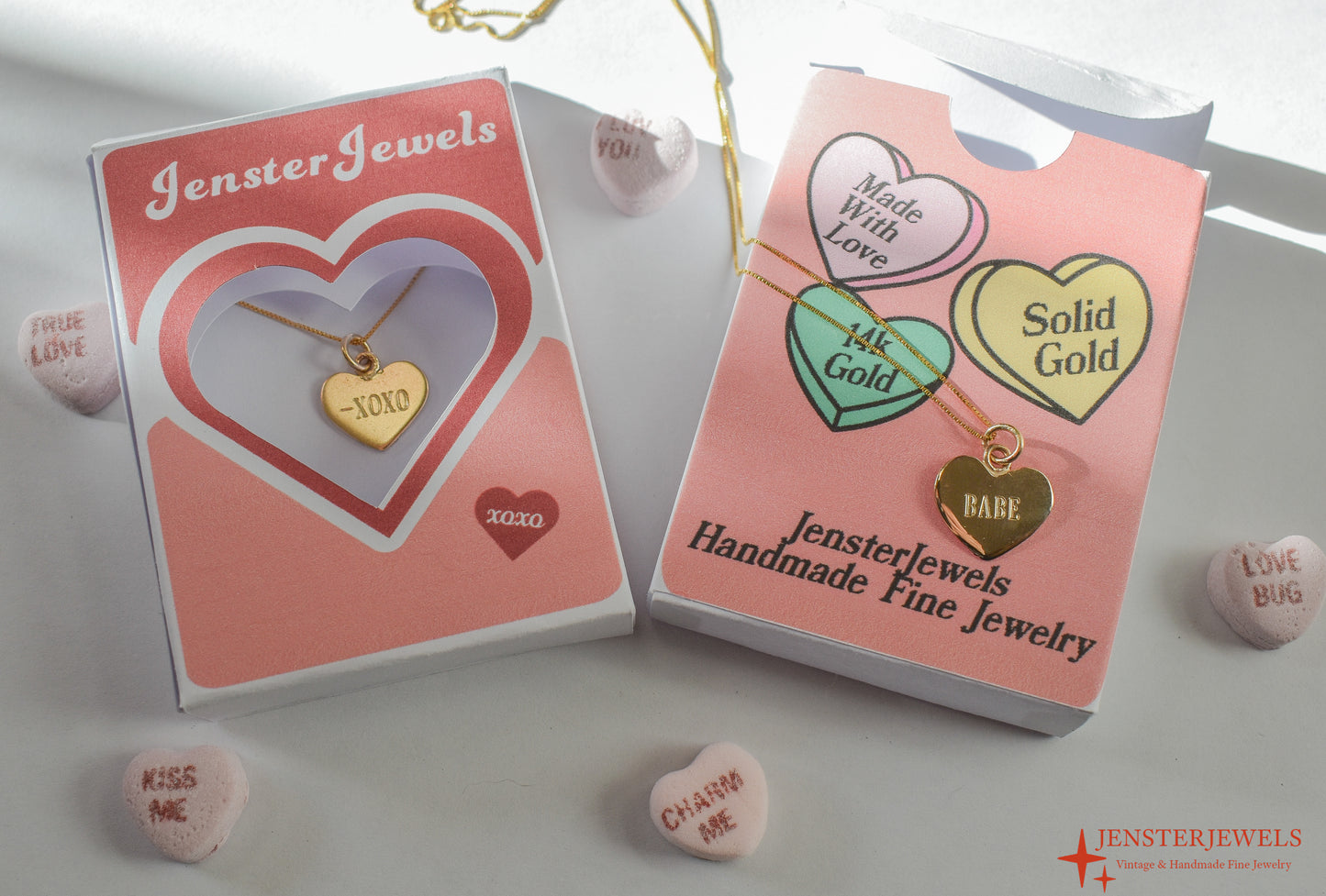 Handmade 14k Gold Candy Heart “XOXO” Necklace – Valentine’s Day