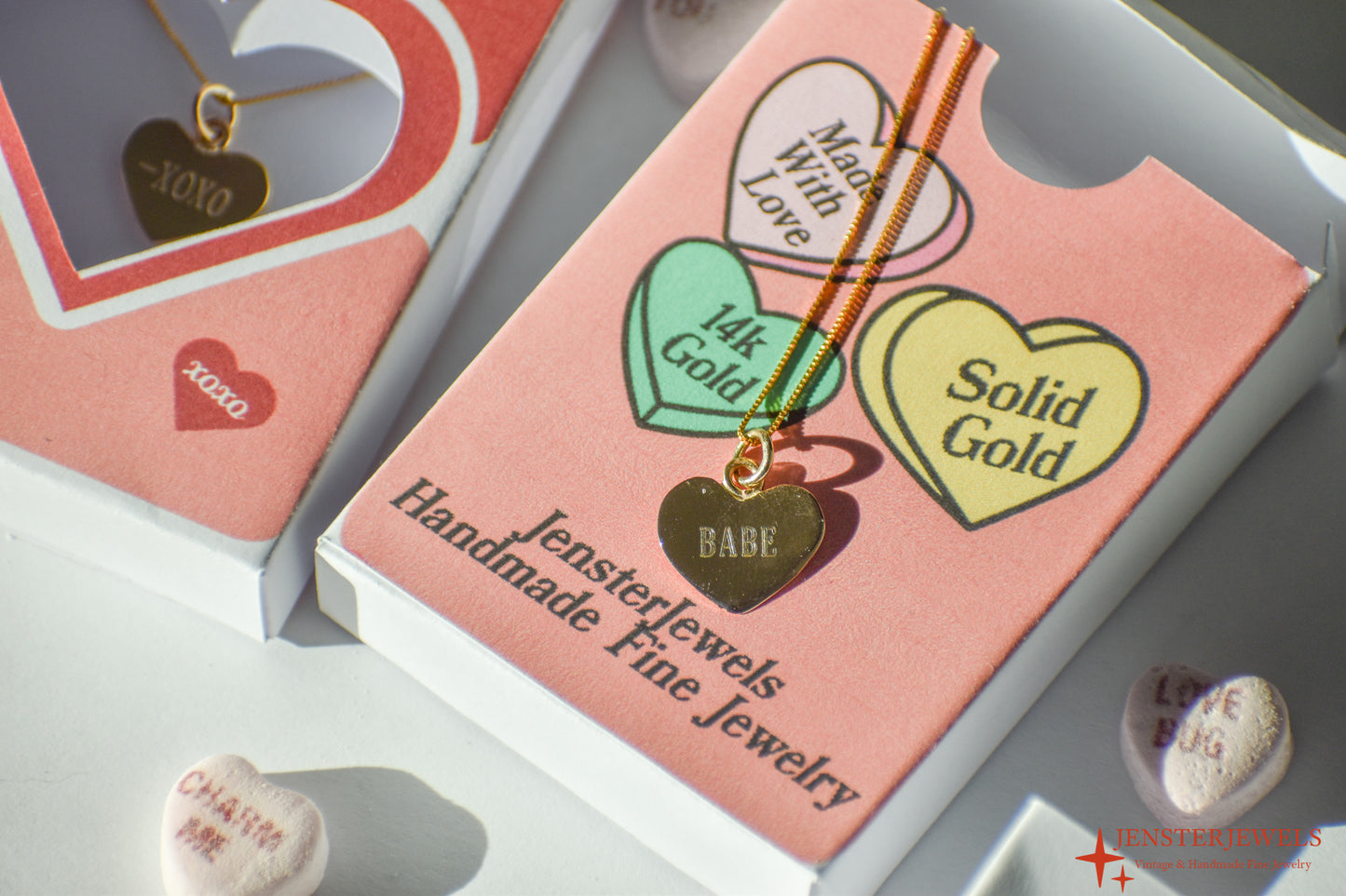 Handmade 14k Gold Candy Heart “BABE” Necklace – Valentine’s Day