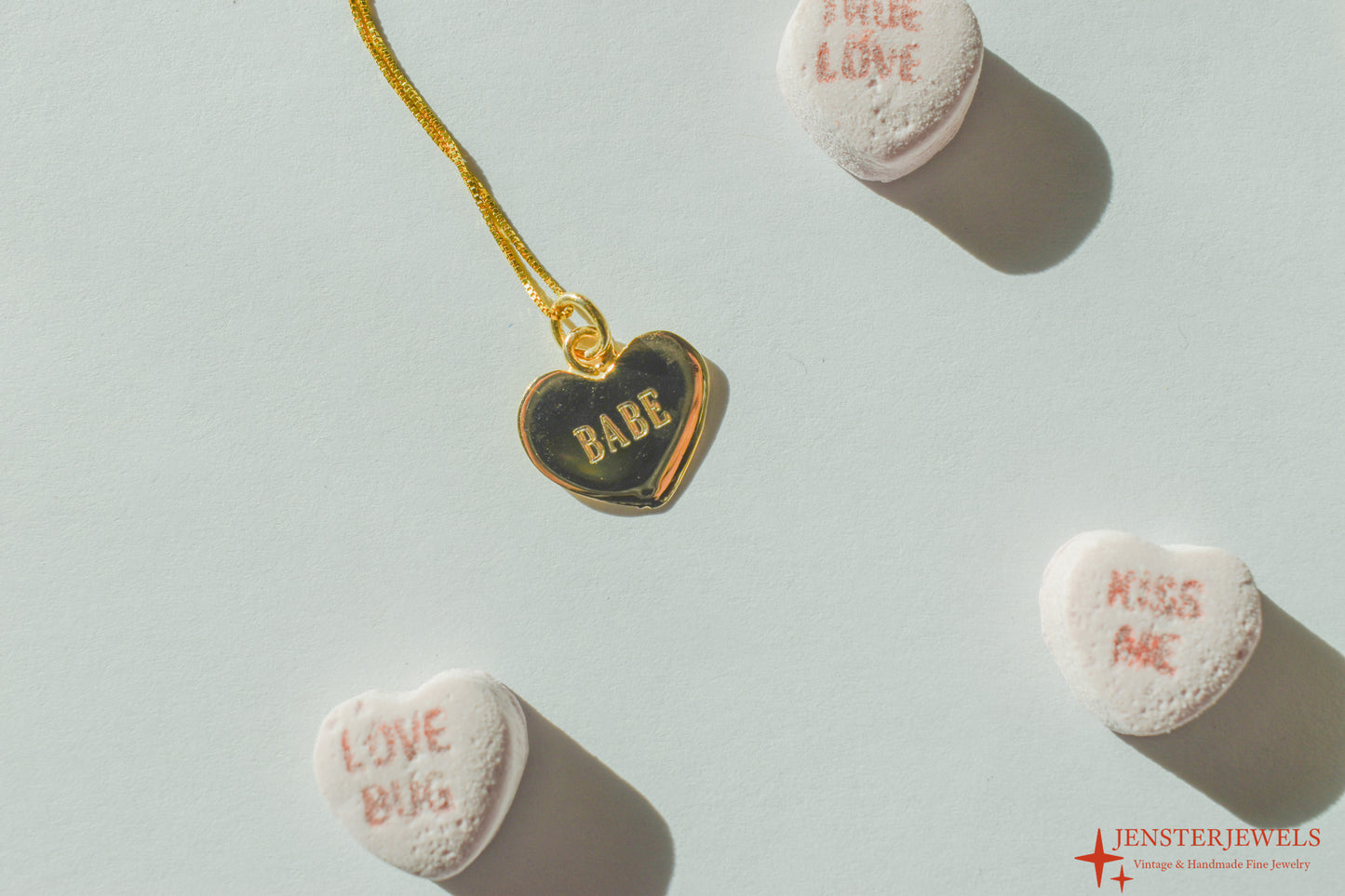 Handmade 14k Gold Candy Heart “BABE” Necklace – Valentine’s Day