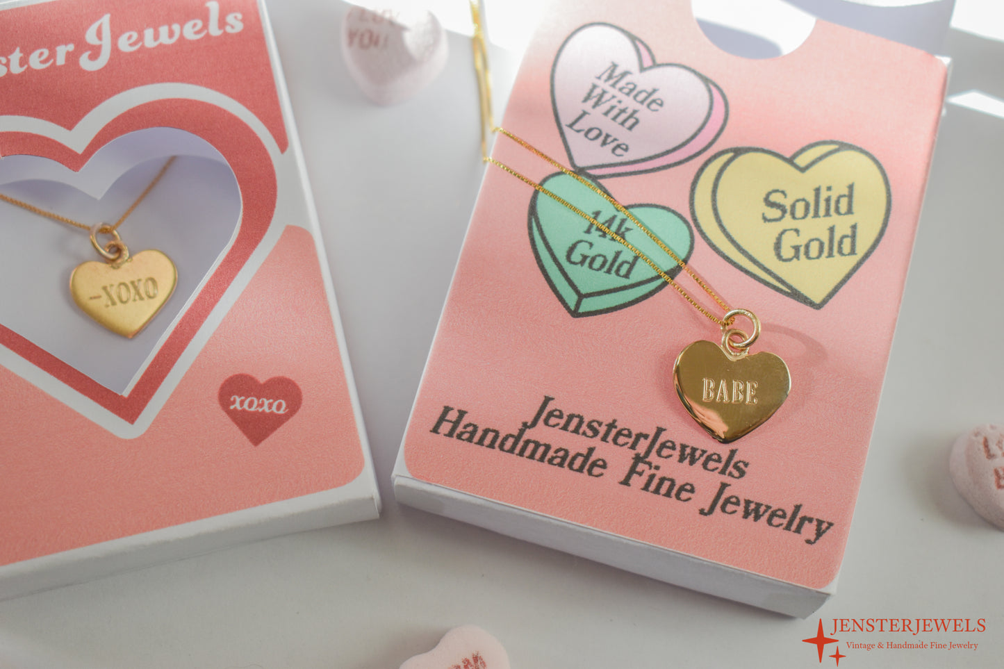 Handmade 14k Gold Candy Heart “BABE” Necklace – Valentine’s Day