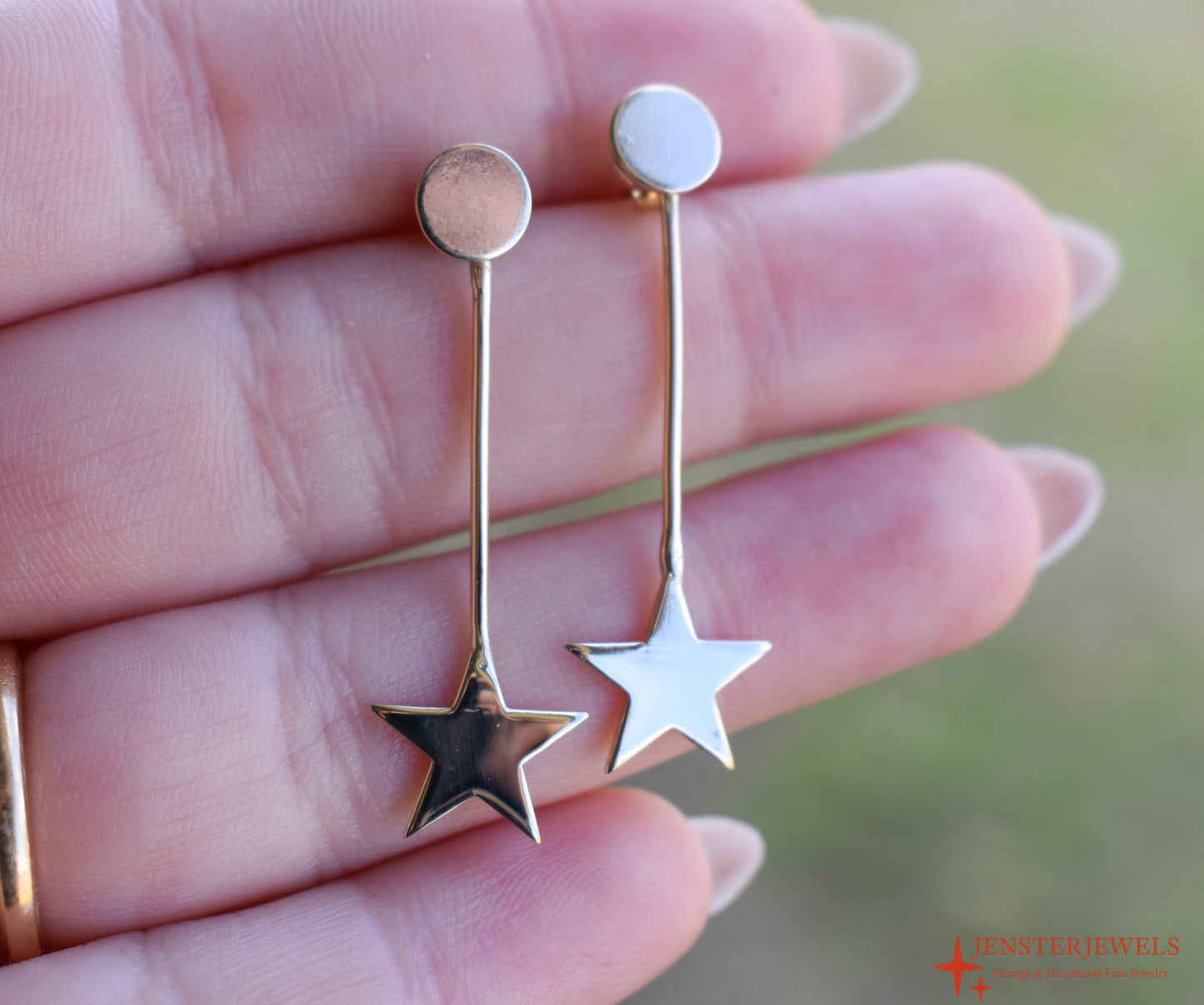 Handmade 14k Yellow Gold Star Drop Earrings