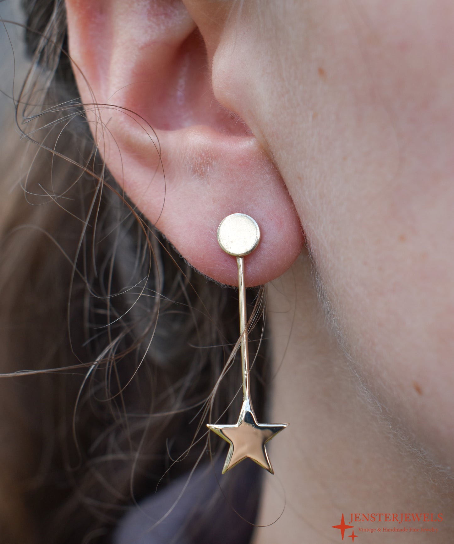Handmade 14k Yellow Gold Star Drop Earrings