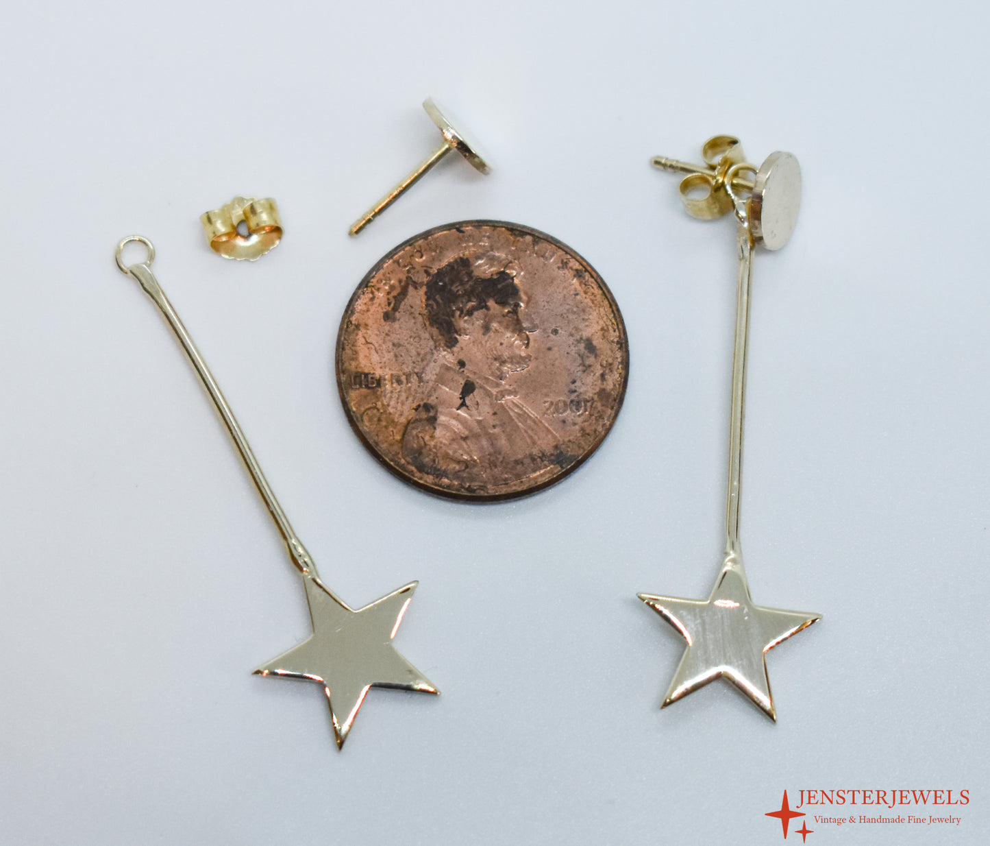 Handmade 14k Yellow Gold Star Drop Earrings