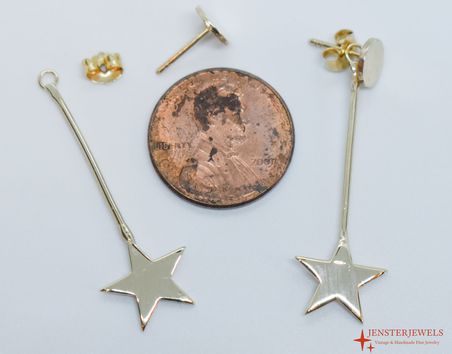 Handmade 14k Yellow Gold Star Drop Earrings