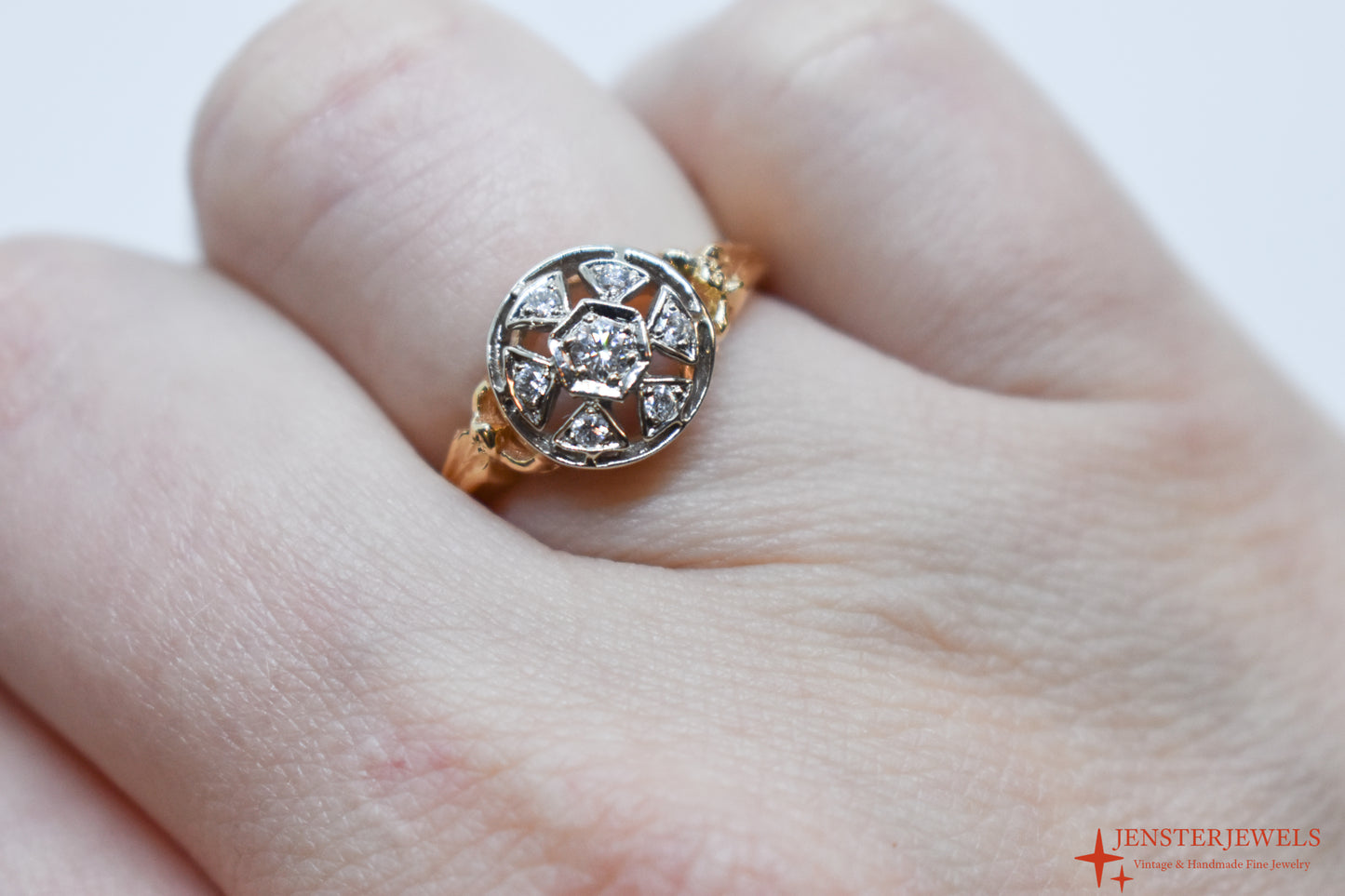 Vintage 14k Two-Tone Gold Diamond Cluster Ring Size 6 1/4