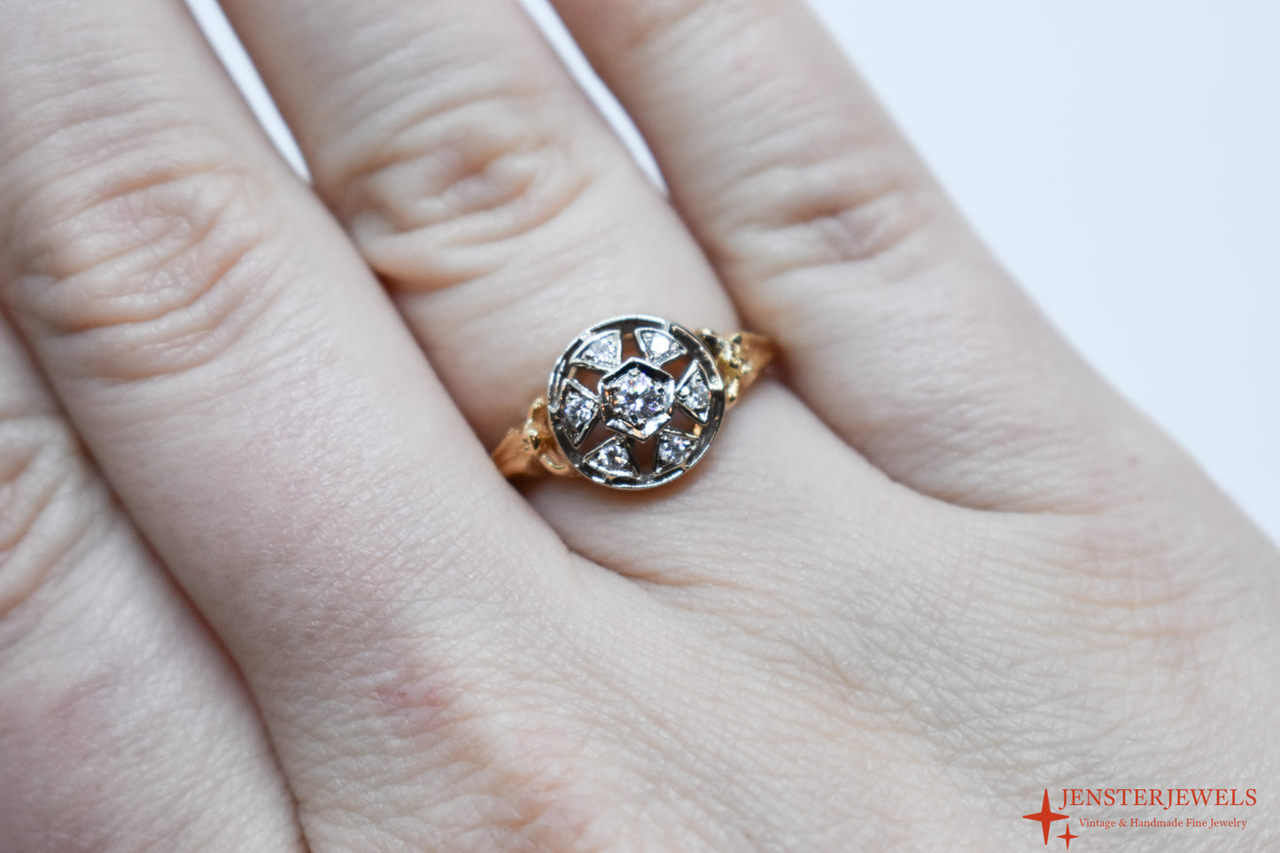 Vintage 14k Two-Tone Gold Diamond Cluster Ring Size 6 1/4