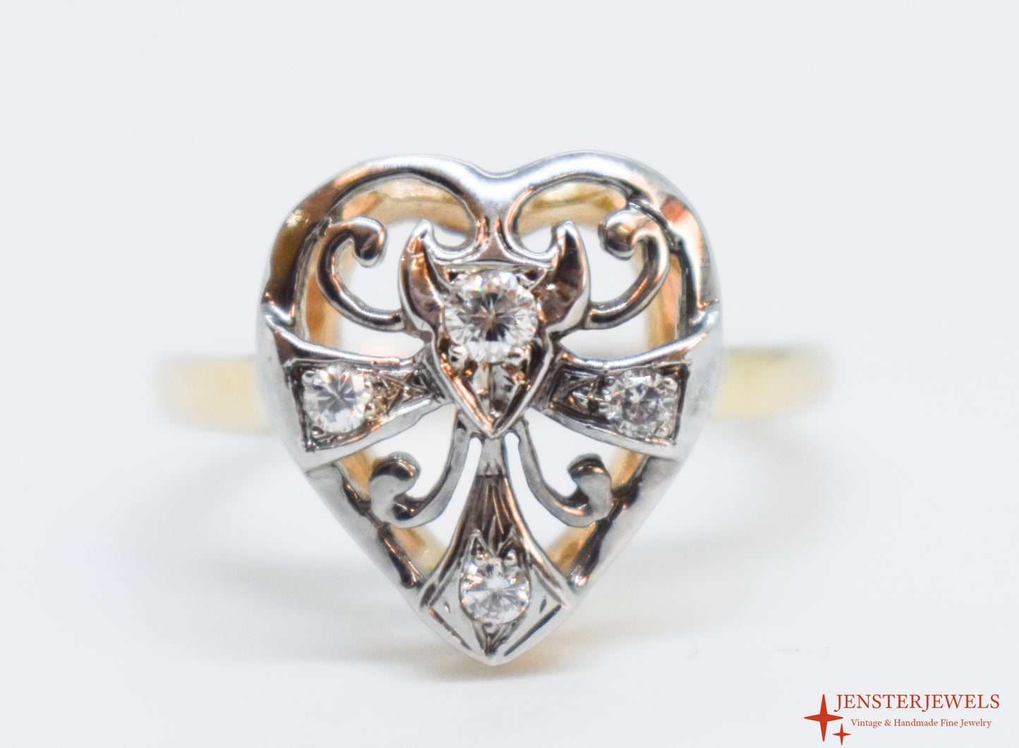 Vintage 14k Two-Tone Gold Diamond Heart Ring Size 6 1/4