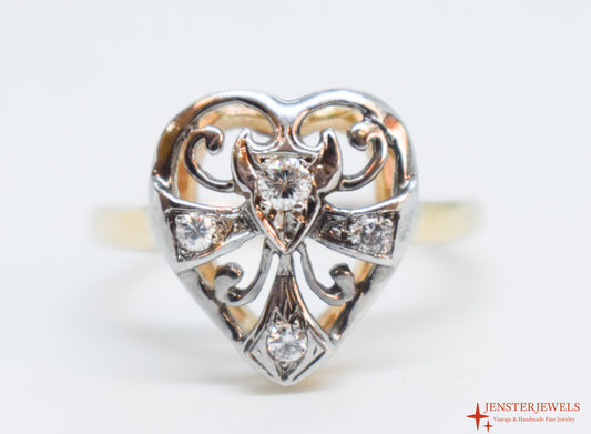Vintage 14k Two-Tone Gold Diamond Heart Ring Size 6 1/4