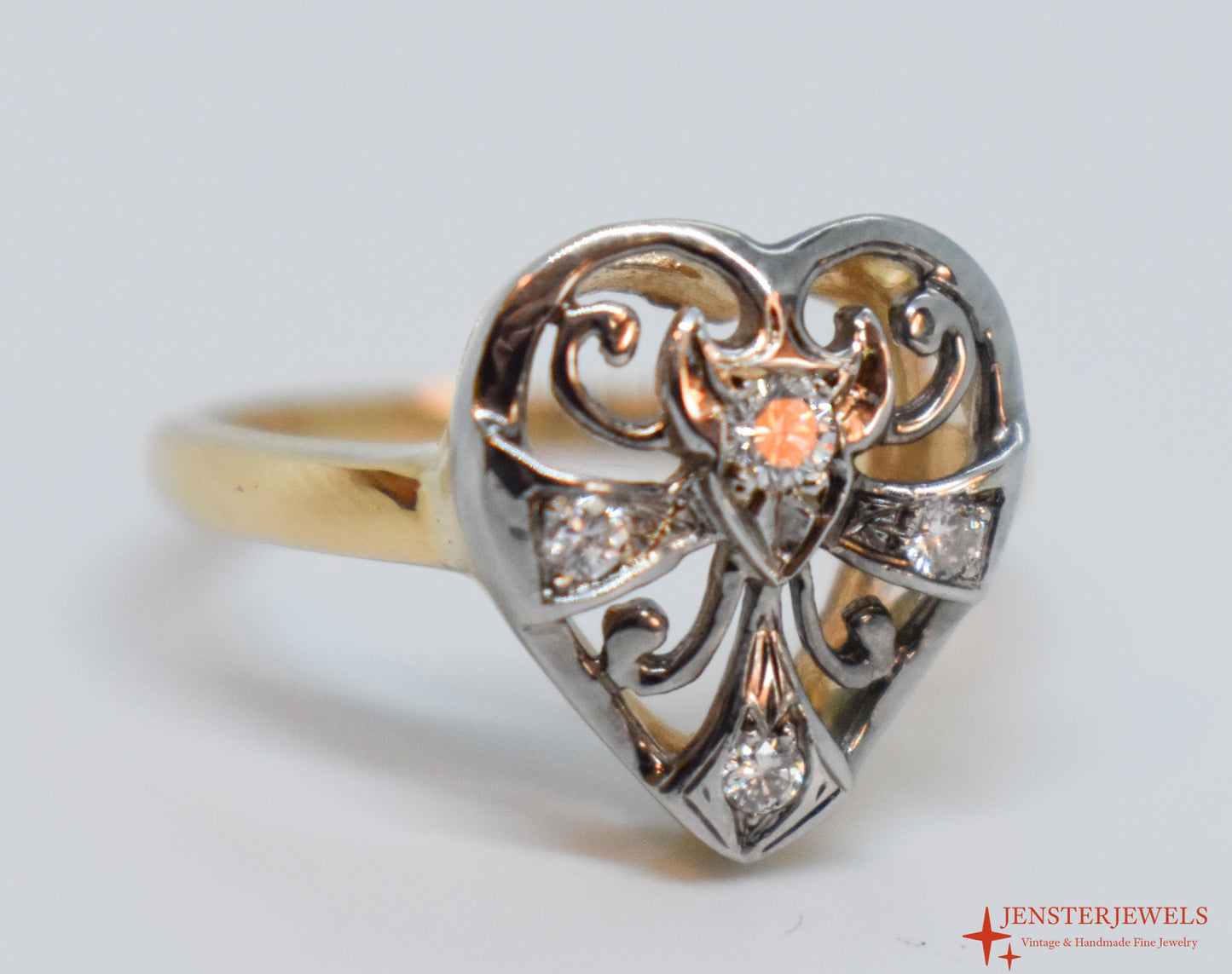 Vintage 14k Two-Tone Gold Diamond Heart Ring Size 6 1/4