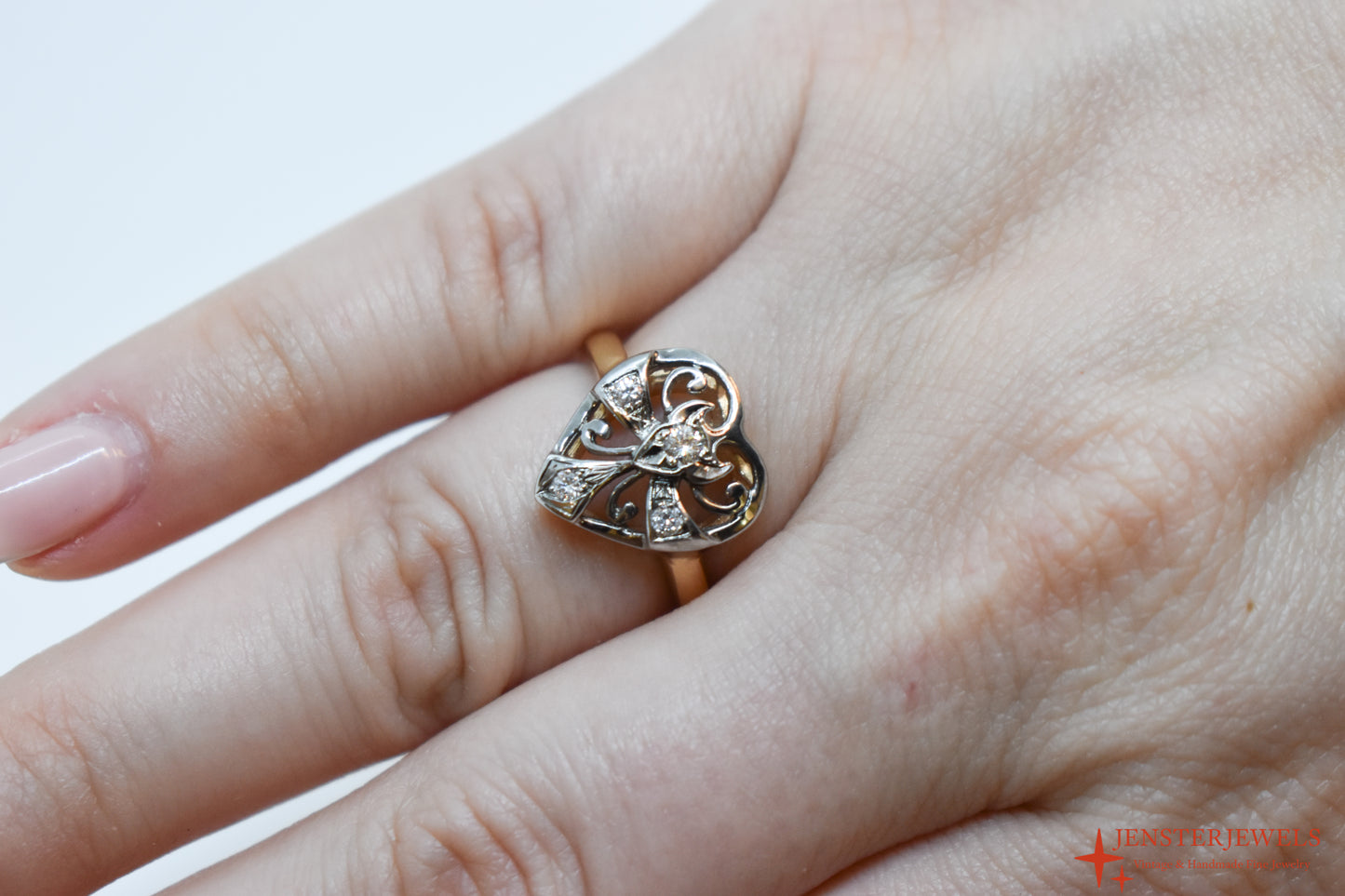 Vintage 14k Two-Tone Gold Diamond Heart Ring Size 6 1/4