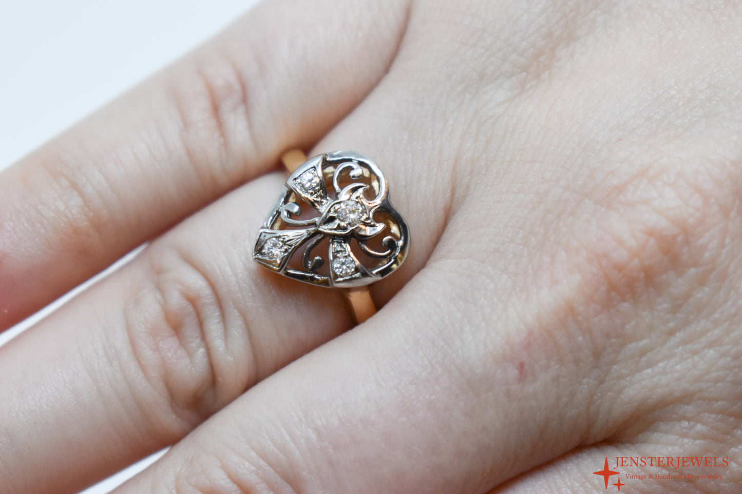 Vintage 14k Two-Tone Gold Diamond Heart Ring Size 6 1/4