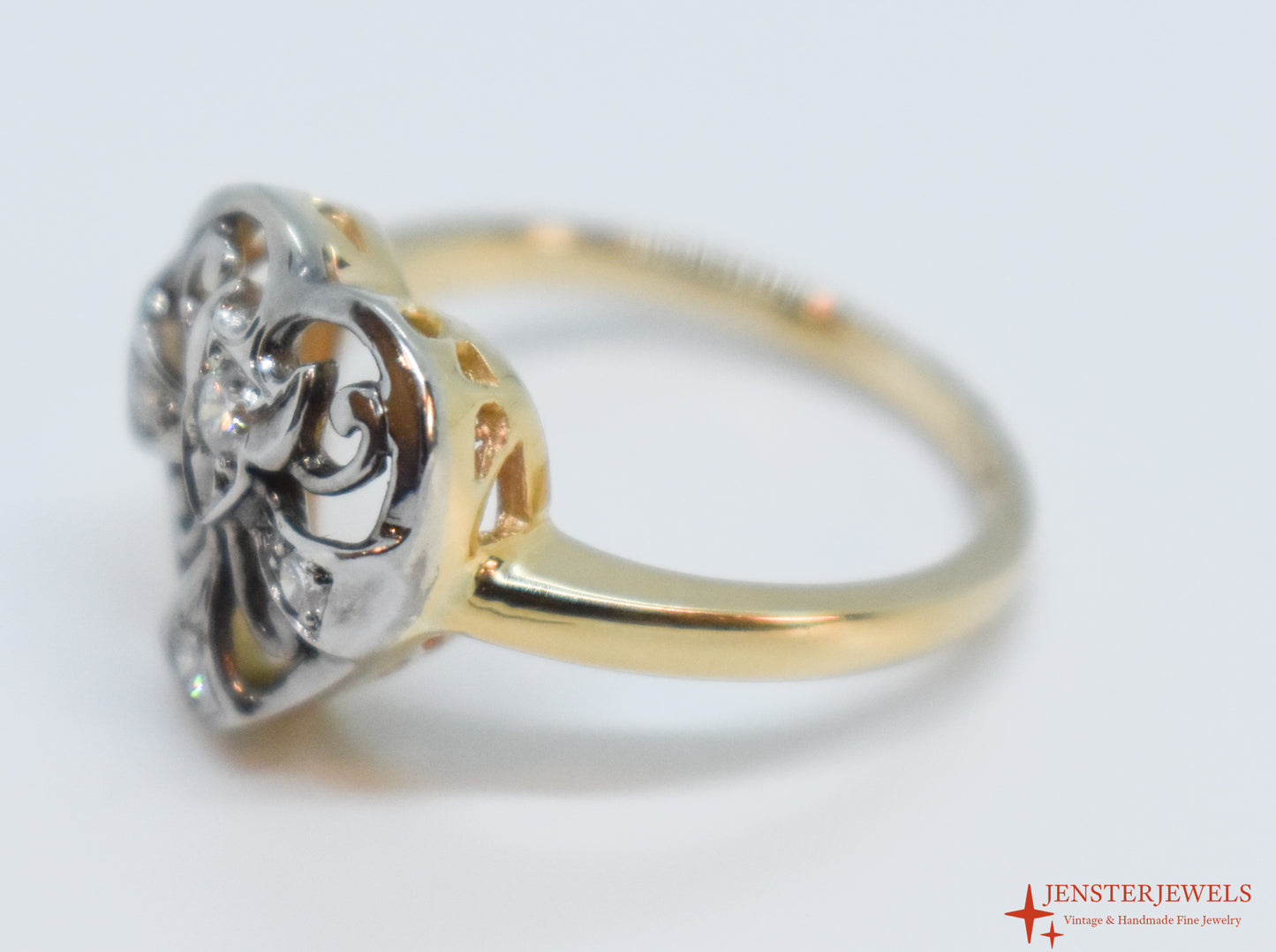 Vintage 14k Two-Tone Gold Diamond Heart Ring Size 6 1/4
