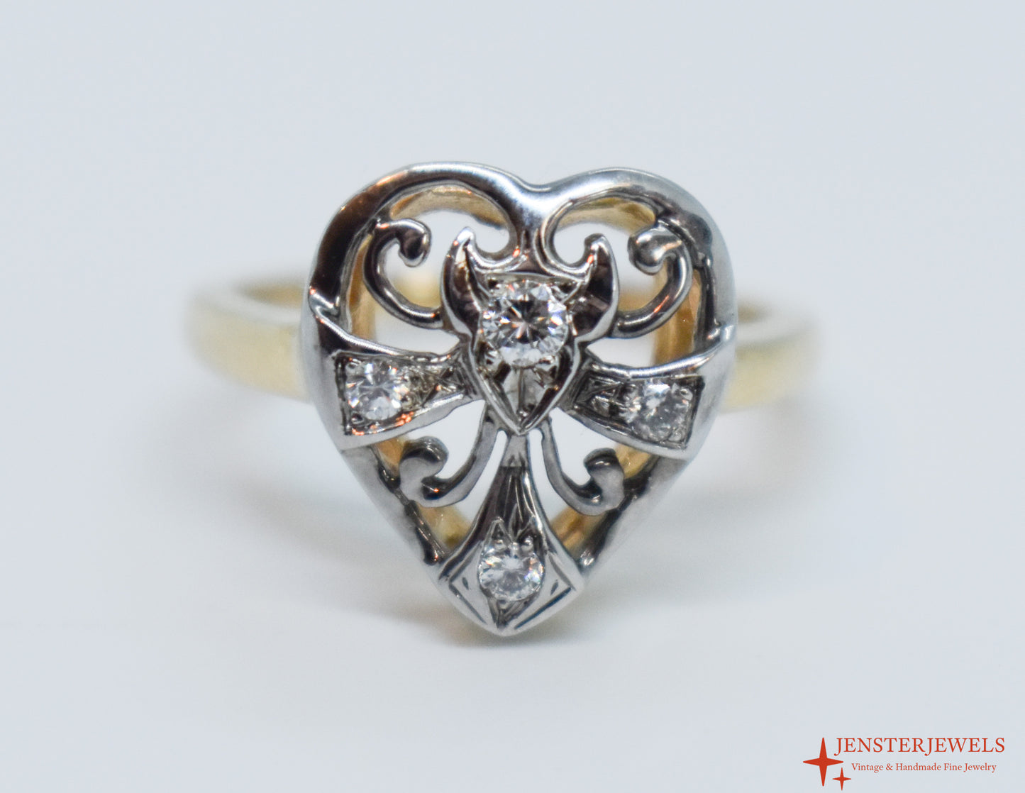 Vintage 14k Two-Tone Gold Diamond Heart Ring Size 6 1/4