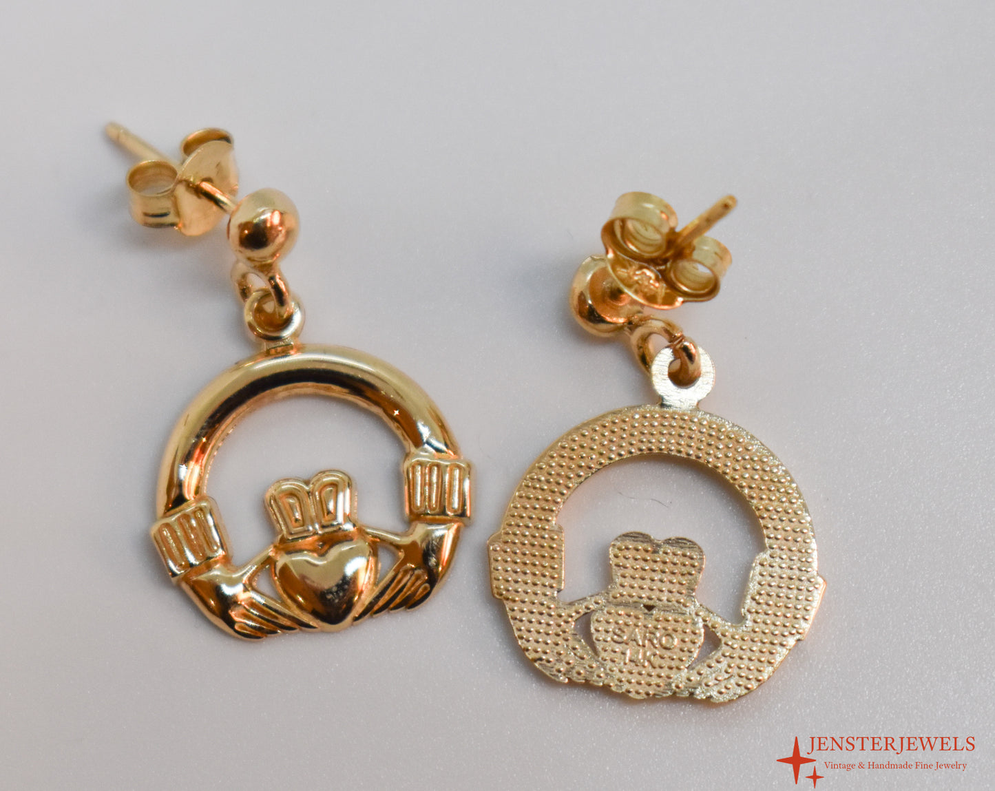 Vintage 14k Yellow Gold Claddagh Dangle Earrings