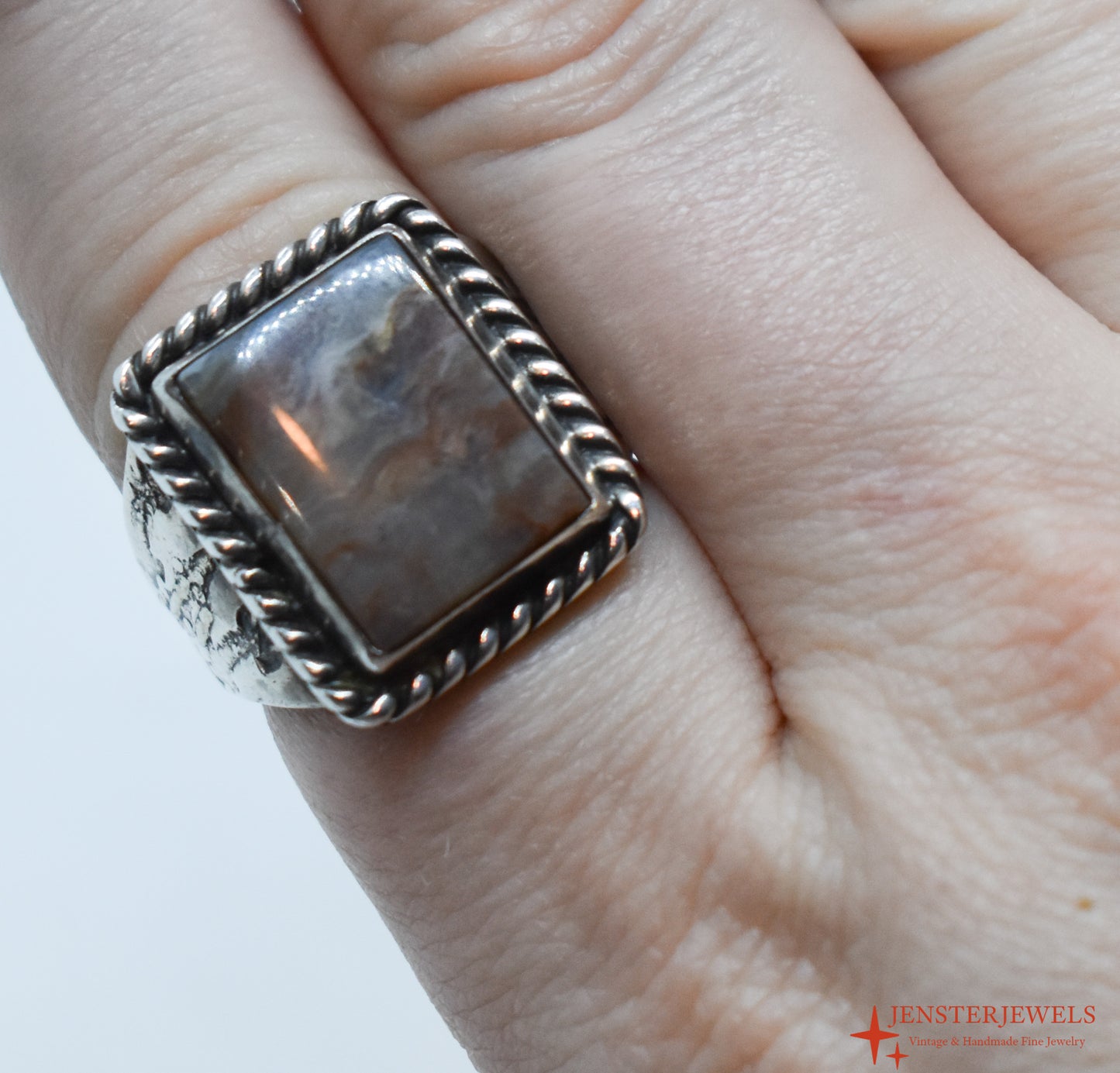Vintage Sterling Silver Agate Solitaire Ring Size 8 1/4