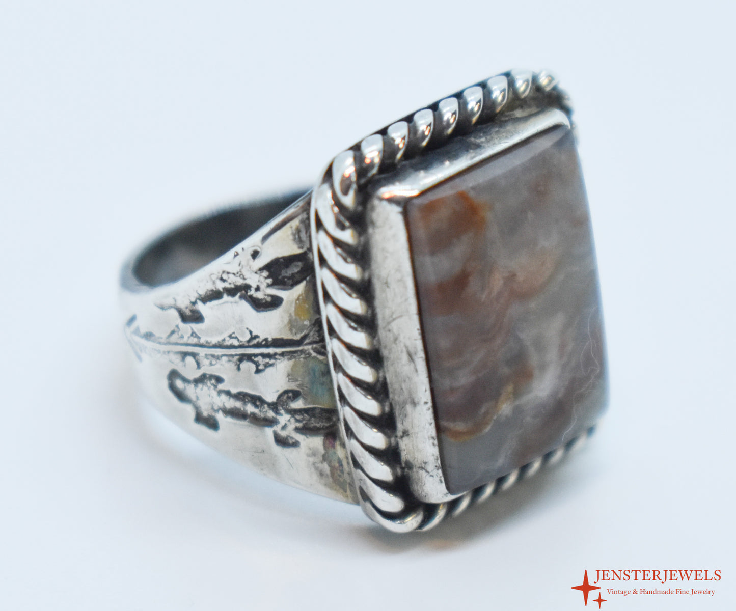 Vintage Sterling Silver Agate Solitaire Ring Size 8 1/4