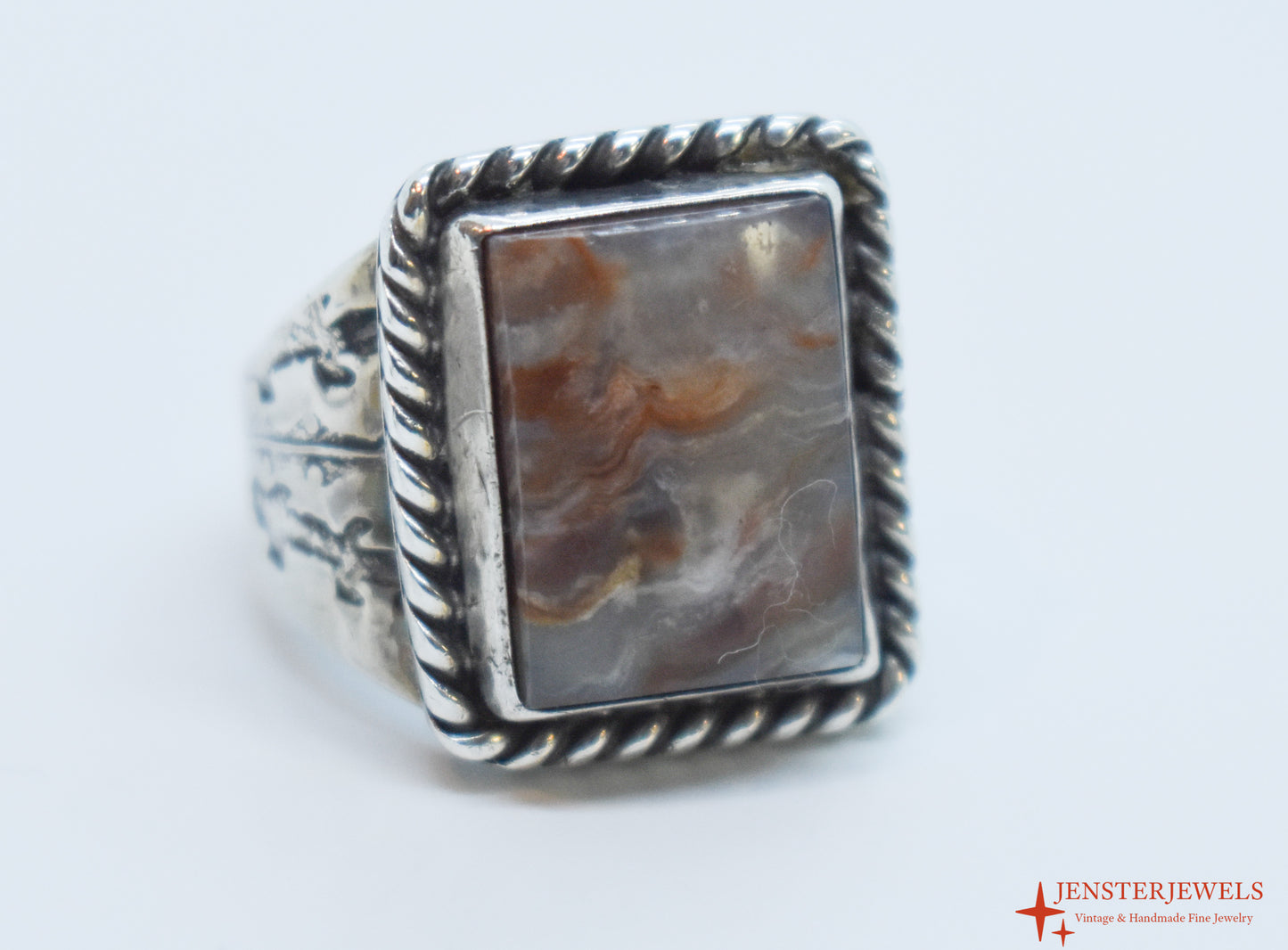 Vintage Sterling Silver Agate Solitaire Ring Size 8 1/4