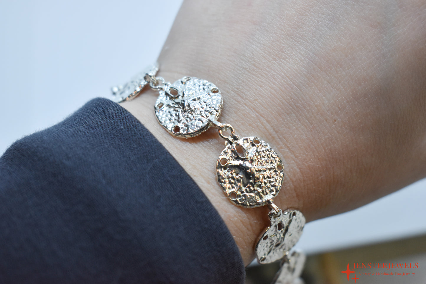 Vintage Sterling Silver Sand Dollar Link Bracelet 7"