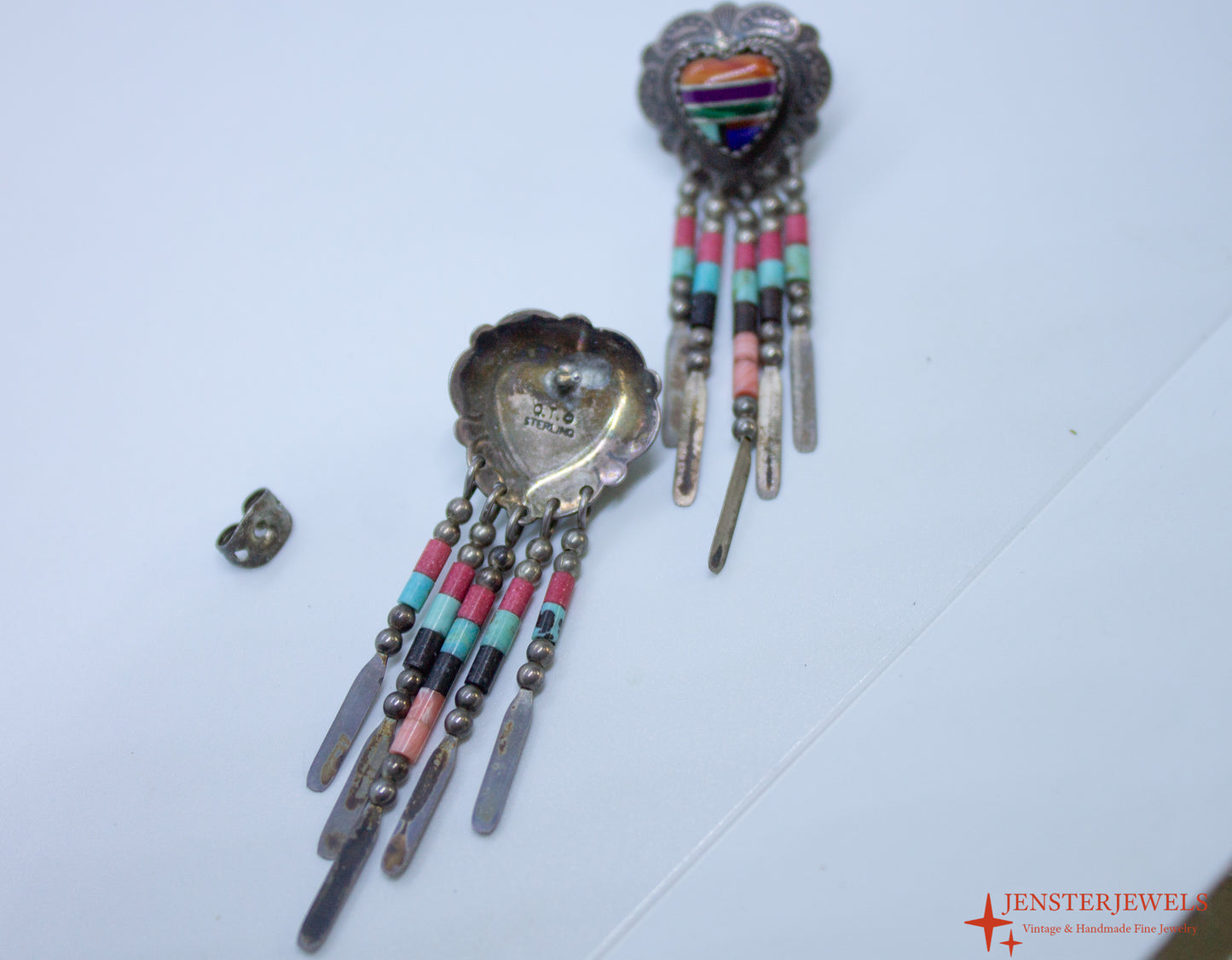 Vintage QT Sterling Silver Multi-Stone Inlay Heart Dangle Earrings