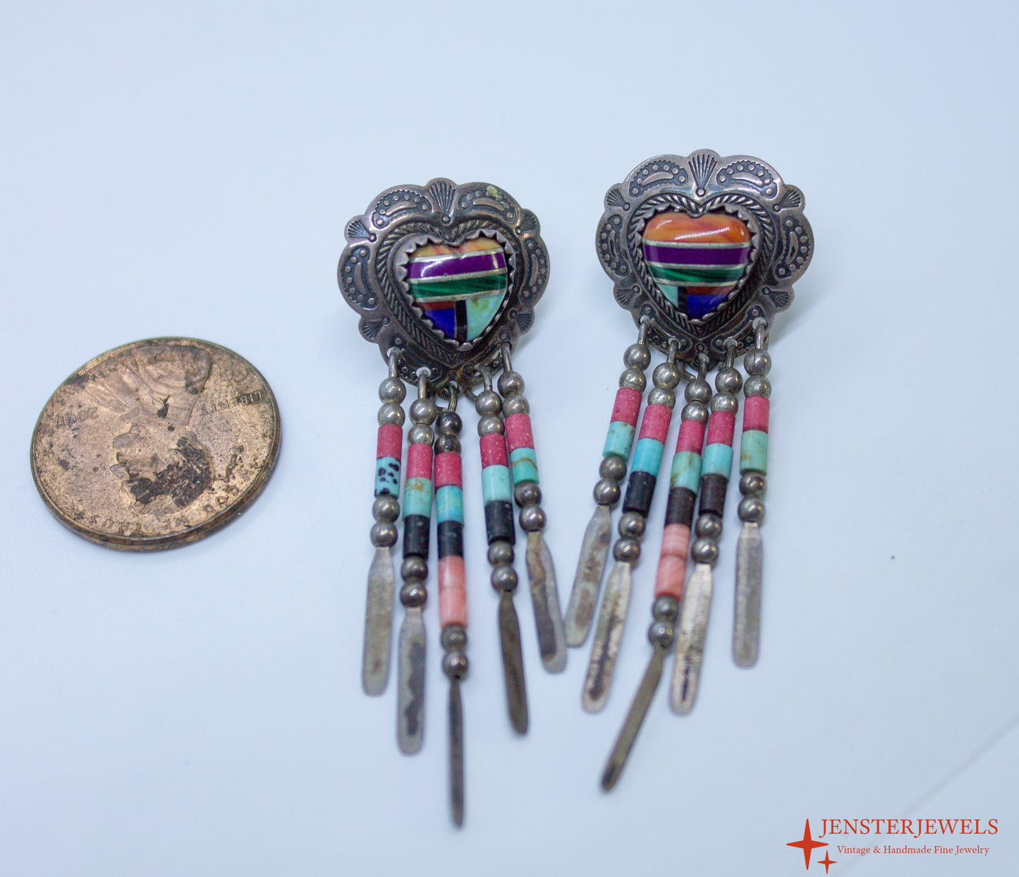 Vintage QT Sterling Silver Multi-Stone Inlay Heart Dangle Earrings