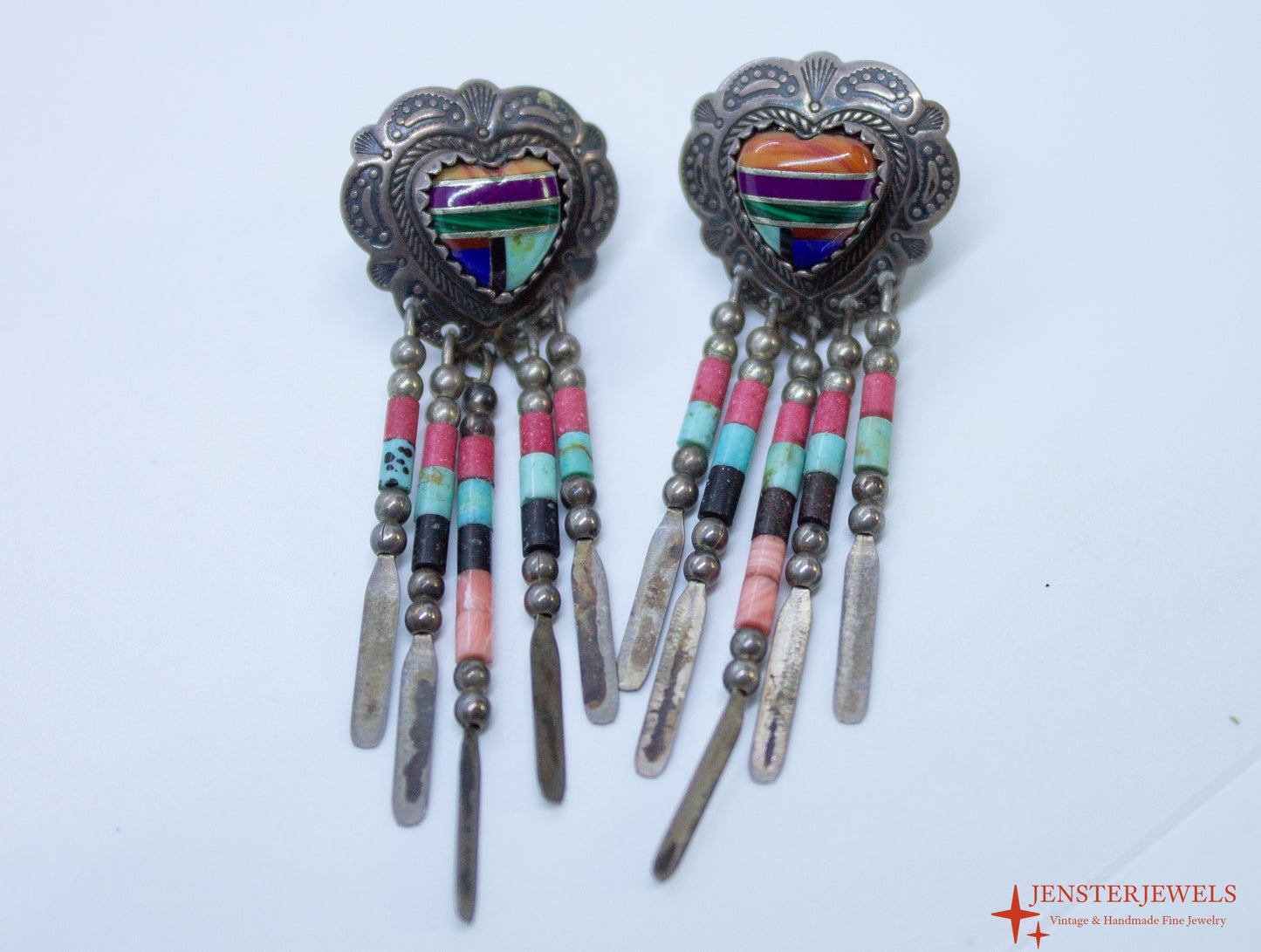 Vintage QT Sterling Silver Multi-Stone Inlay Heart Dangle Earrings