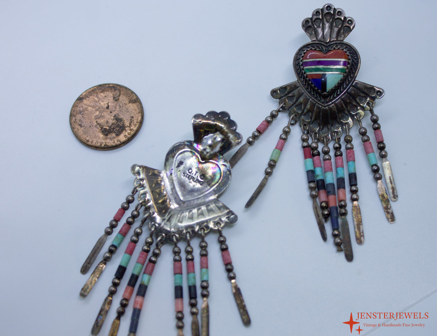 Vintage QT Quoc Sterling Silver Multi-Stone Inlay Heart Dangle Earrings