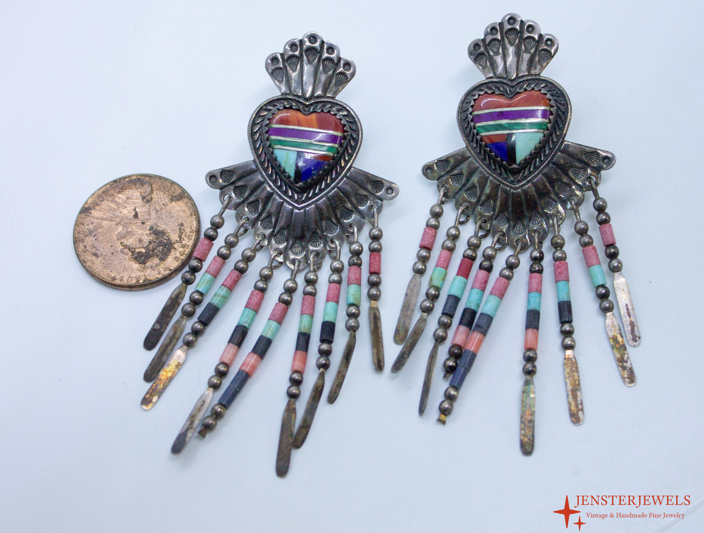 Vintage QT Quoc Sterling Silver Multi-Stone Inlay Heart Dangle Earrings