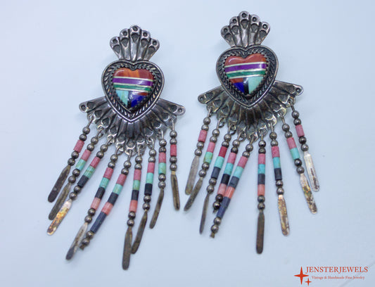 Vintage QT Quoc Sterling Silver Multi-Stone Inlay Heart Dangle Earrings