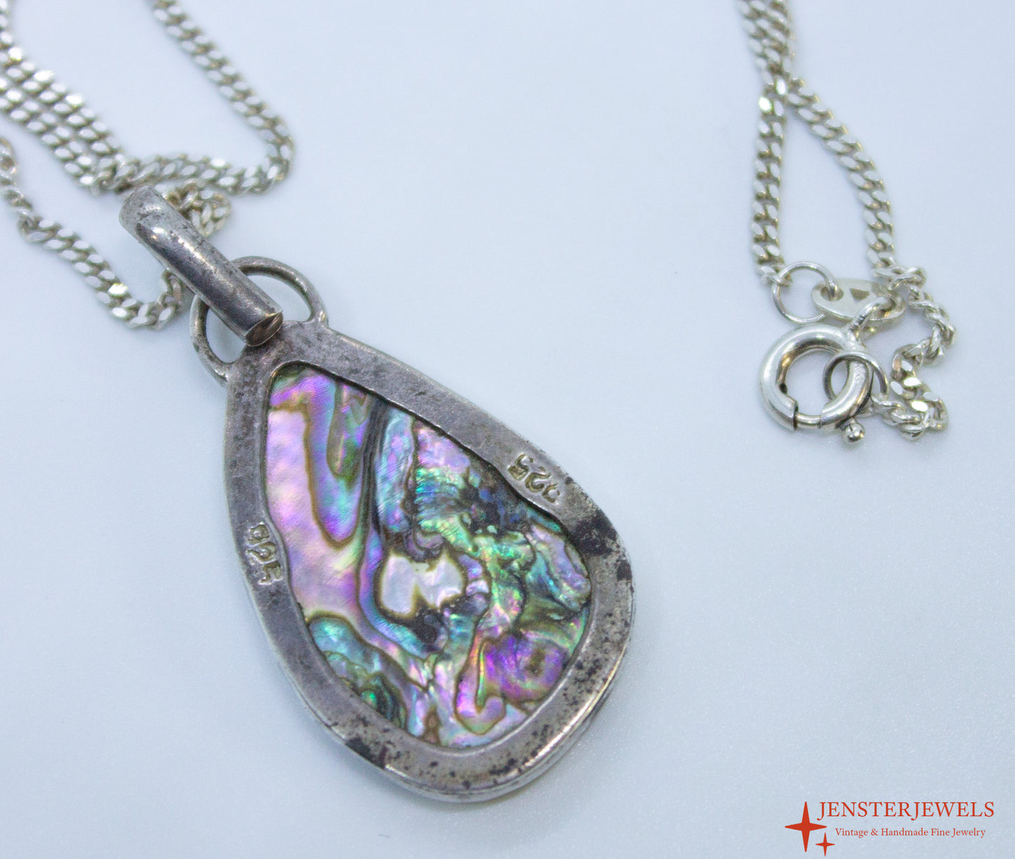 Vintage Sterling Silver Abalone Shell Pendant Necklace 19 1/2"