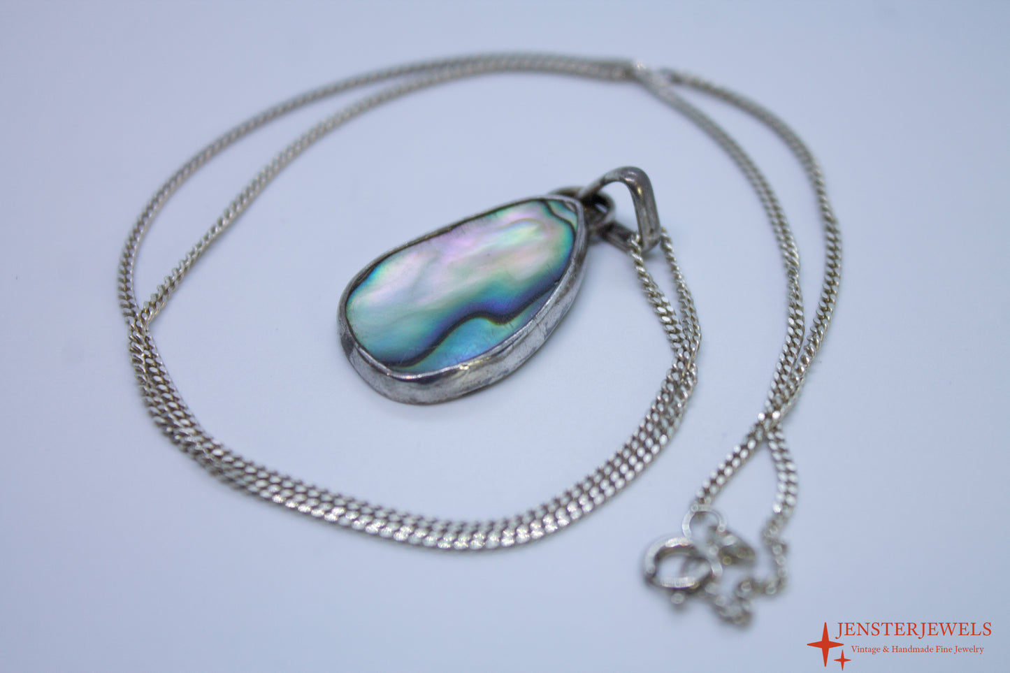 Vintage Sterling Silver Abalone Shell Pendant Necklace 19 1/2"